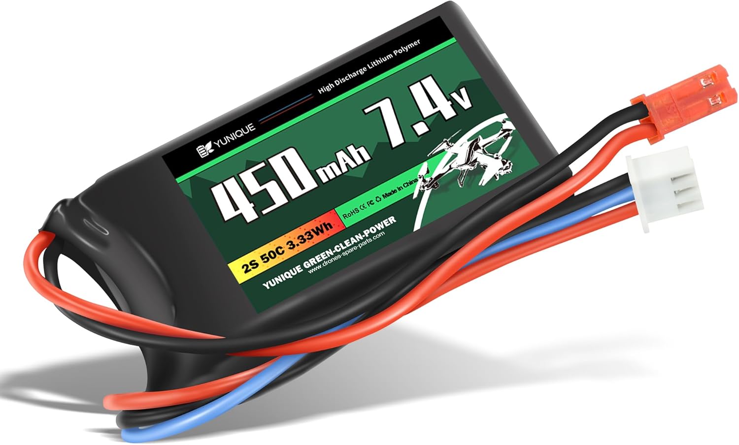 Batteria Lipo 2 Celle 7.4V 450mAh 50C con Connettore JST, Cavo in Silicone e Guscio Morbido - Dimensioni 55x30x9 mm, Peso 32g - Alta Potenza per Modelli RC