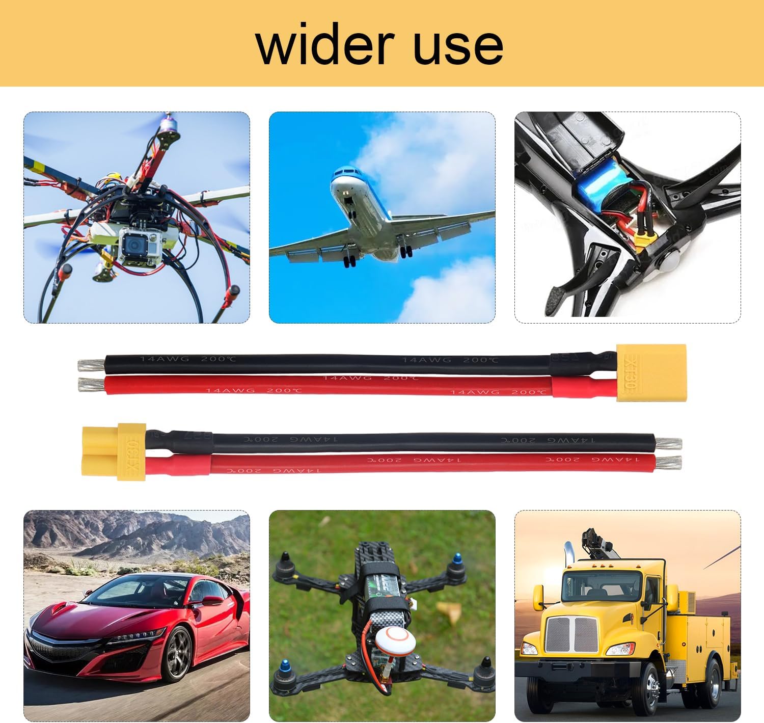 Set 5 Paia Connettori XT30 Maschio/Femmina | Cavo Siliconico 14AWG, 100mm | Per Batterie Lipo FPV Drone, Giallo