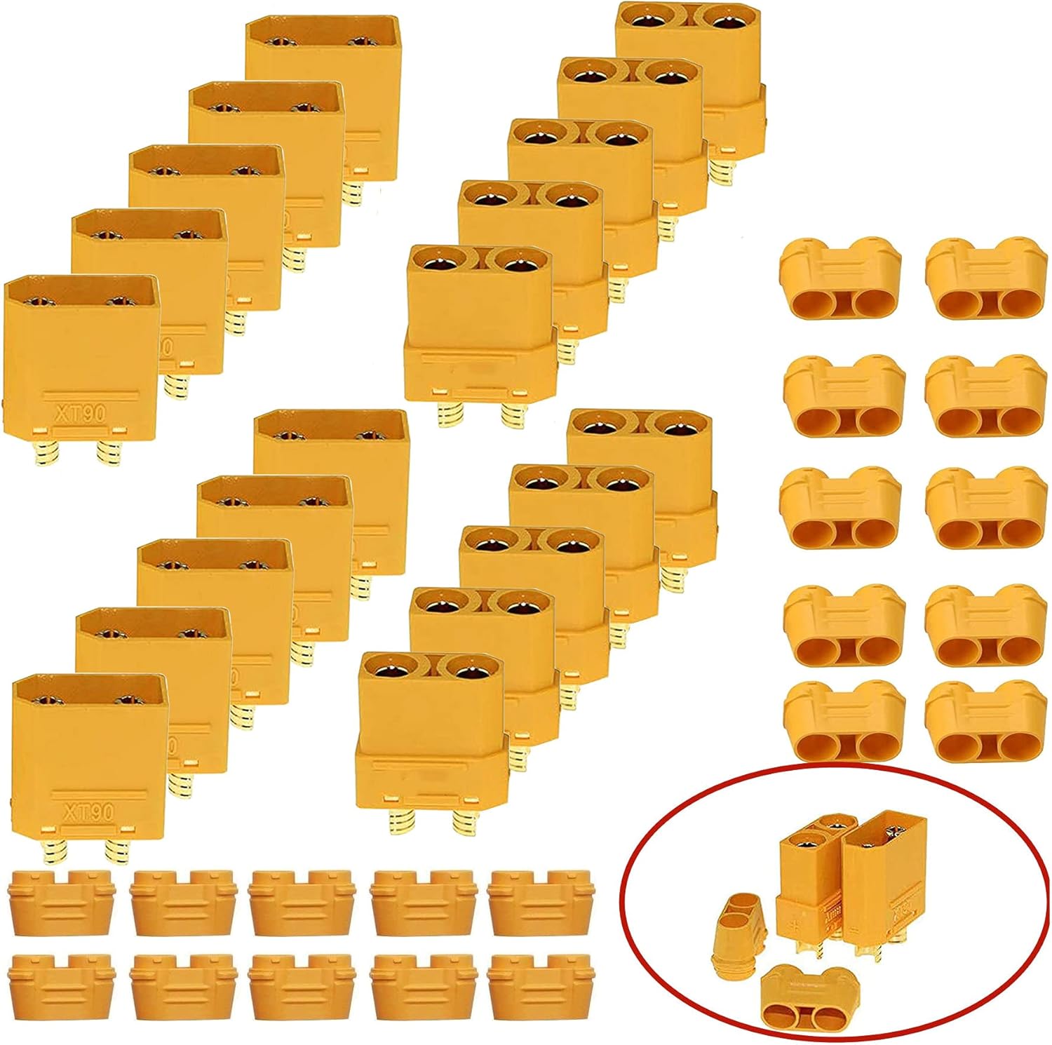 XT90H Male-Female Connectors 10 Pairs | Current Support 40A/90A Max | High Quality for RC Lipo Batteries | With Wire Feedthrough, Yellow, Plastic