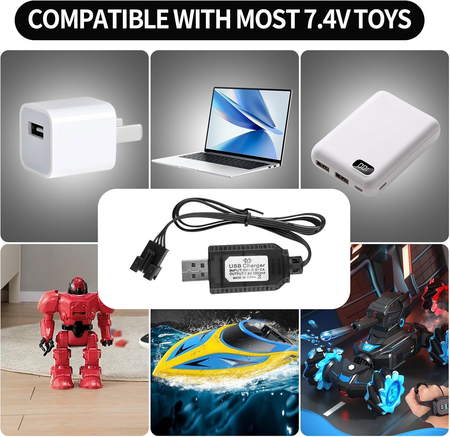 2 Pieces Universal USB Battery Charger for 7.4V 2S LiPo Batteries - 4PIN SM-4P - Compatible with RC Car/Drone/Boat - Overcharge Protection - Charge Indicator, Black