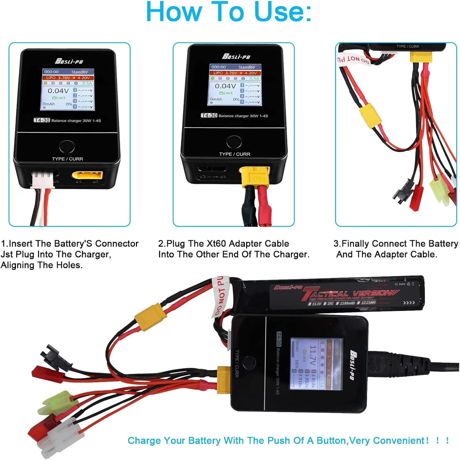 Caricabatterie Lipo 1S-4S Balance con Display IPS Digitale - AC Smart Battery Charger per Lipo/LiHV/Life - 6 Cavi di Ricarica