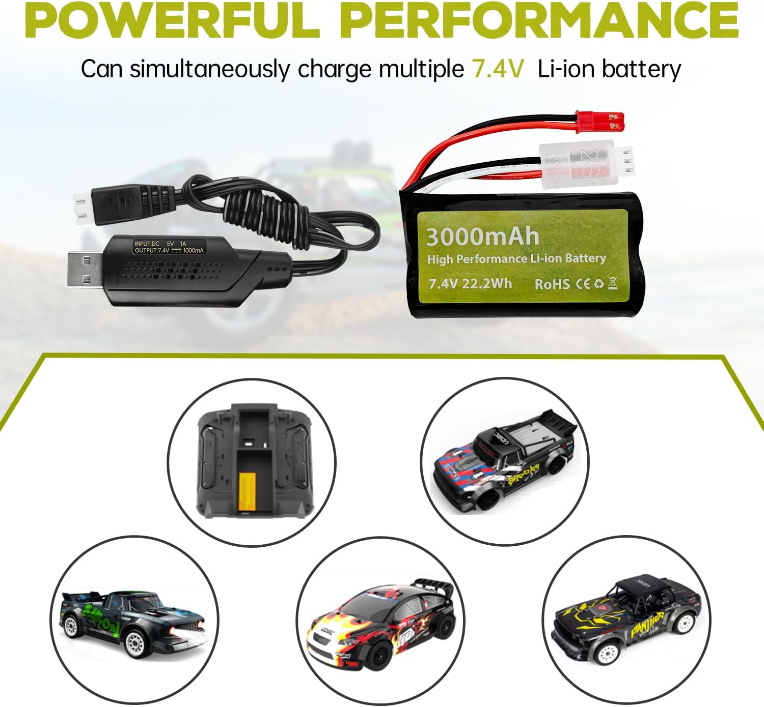 Set of 4 Li-ion 3.7V 3000mAh Batteries with USB Chargers for RC Cars, Compatibility with DE45 DE42 1:14 Off-Road and Drift Racing Models