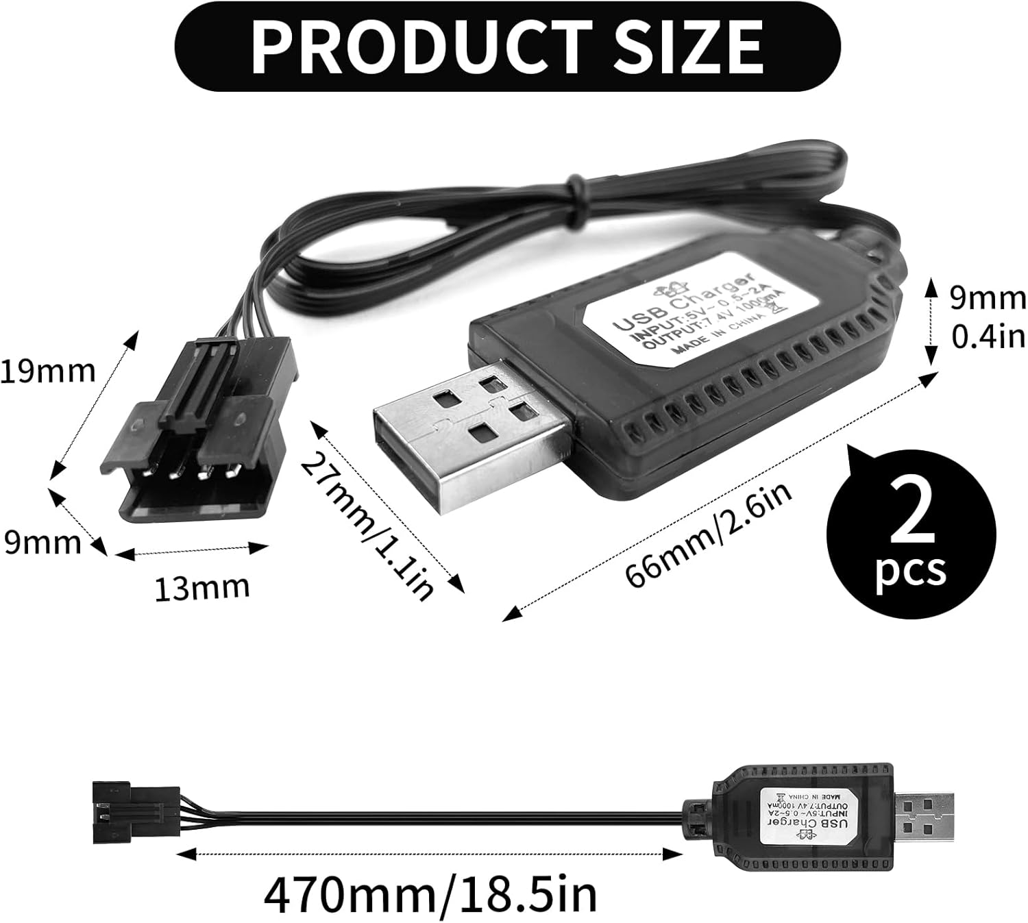 2 Pieces Universal USB Battery Charger for 7.4V 2S LiPo Batteries - 4PIN SM-4P - Compatible with RC Car/Drone/Boat - Overcharge Protection - Charge Indicator, Black