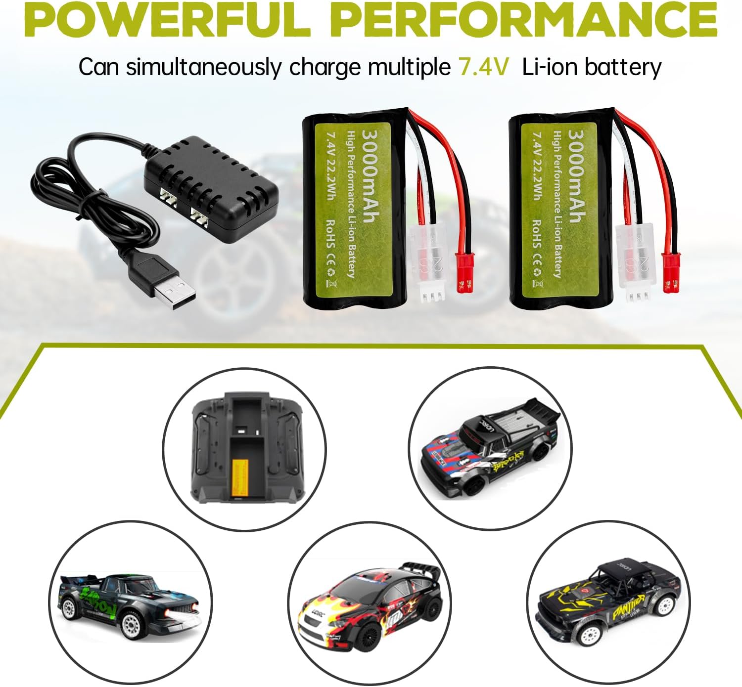Set van 4 Li-ion 3.7V 3000mAh batterijen met USB laders voor RC auto's | DE45 DE42