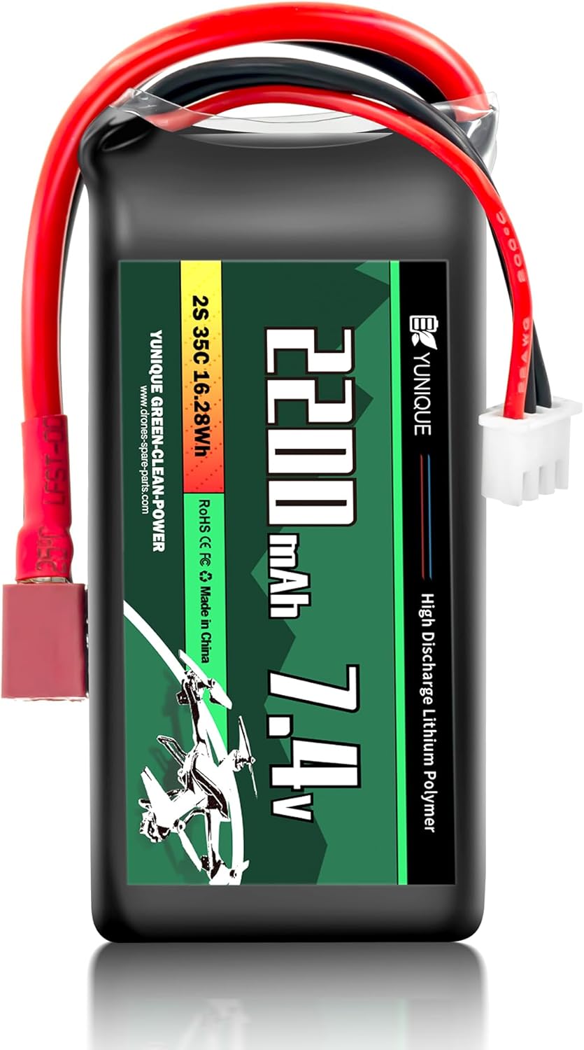 Batteria Lipo 2 Celle 7.4V 2200mAh 35C con Connettore T-PLUG, Cavo in Silicone e Guscio Morbido - Dimensioni 73X34X19 mm, Peso 110g - Alta Potenza per Modelli RC