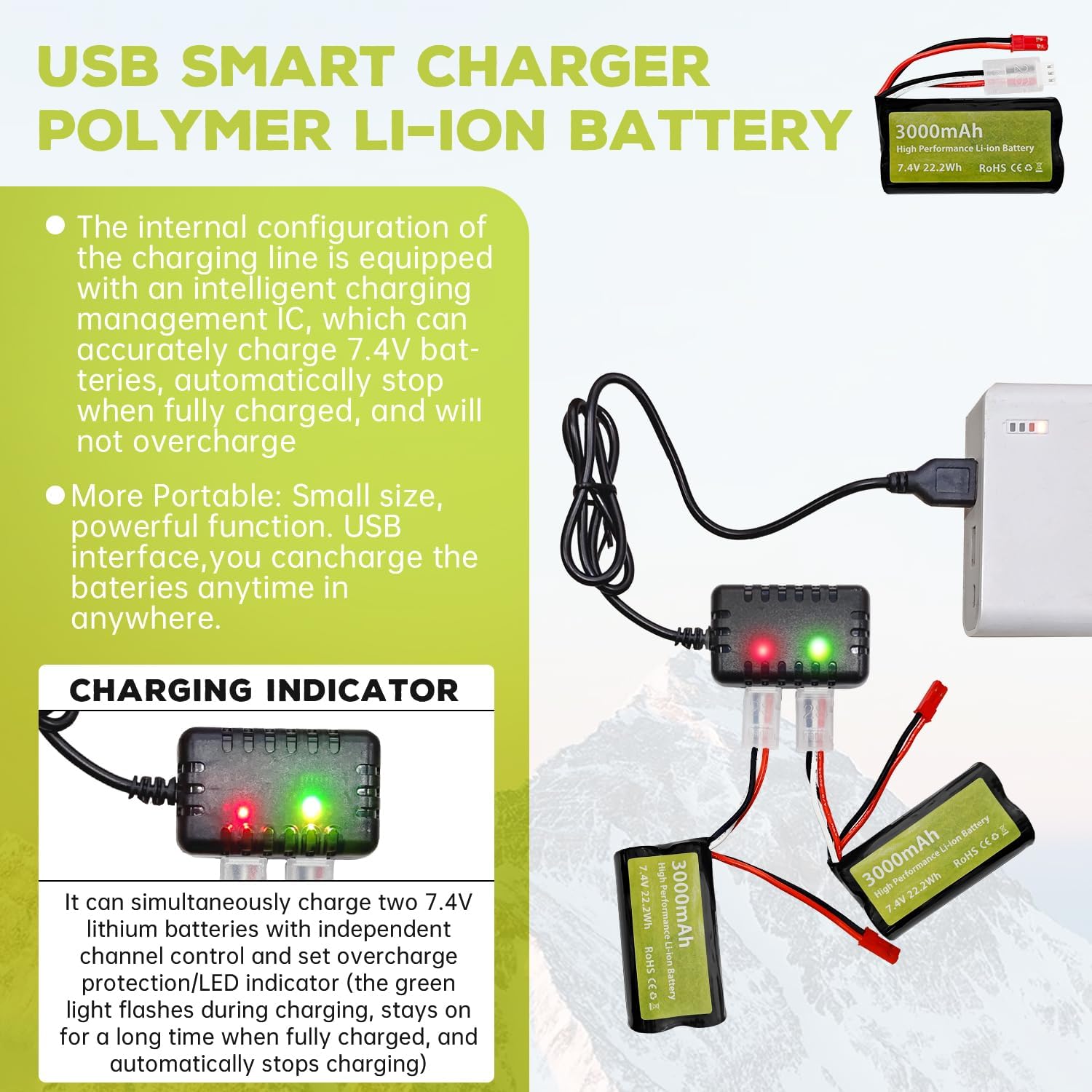 Set van 4 Li-ion 3.7V 3000mAh batterijen met USB laders voor RC auto's | DE45 DE42