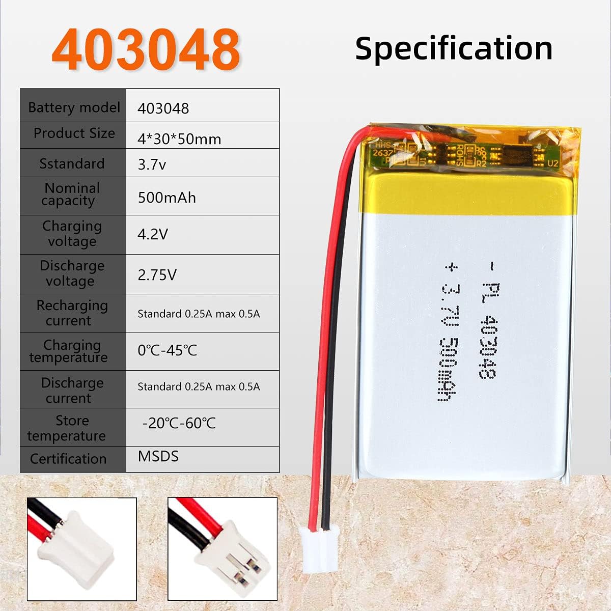 902030 dobíjecí baterie Lipo (3,7V, 500mAh Lipo) pro přenosný telefon video mp3 mp4 LED světlo