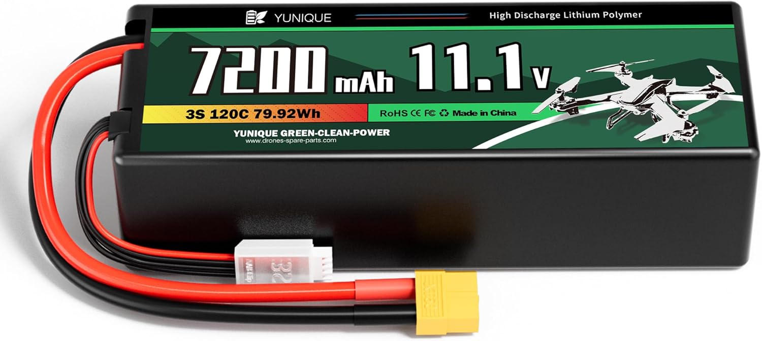 3-Cell 11.1V 7200mAh 120C Lipo Battery with XT90 Connector, Silicone Cable and Hard Shell - Dimensions 138X46X37 mm, Weight 488g - High Power for RC Models