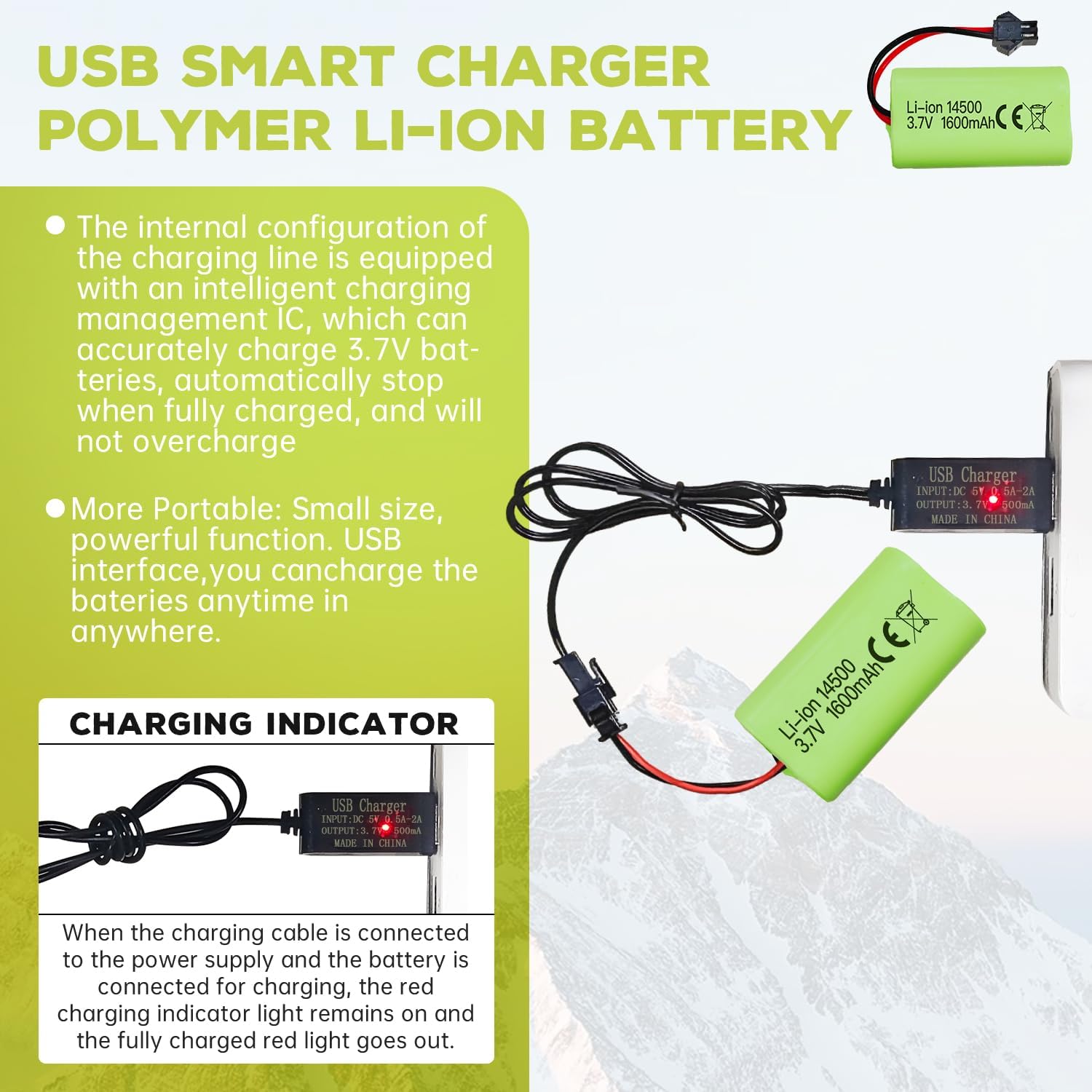 Rechargeable Li-ion 3.7V 1600mAh Battery with SM-2P Connector + USB Cable - Compatible with RC Cars 9962 8837 and Toy Engineering Trucks