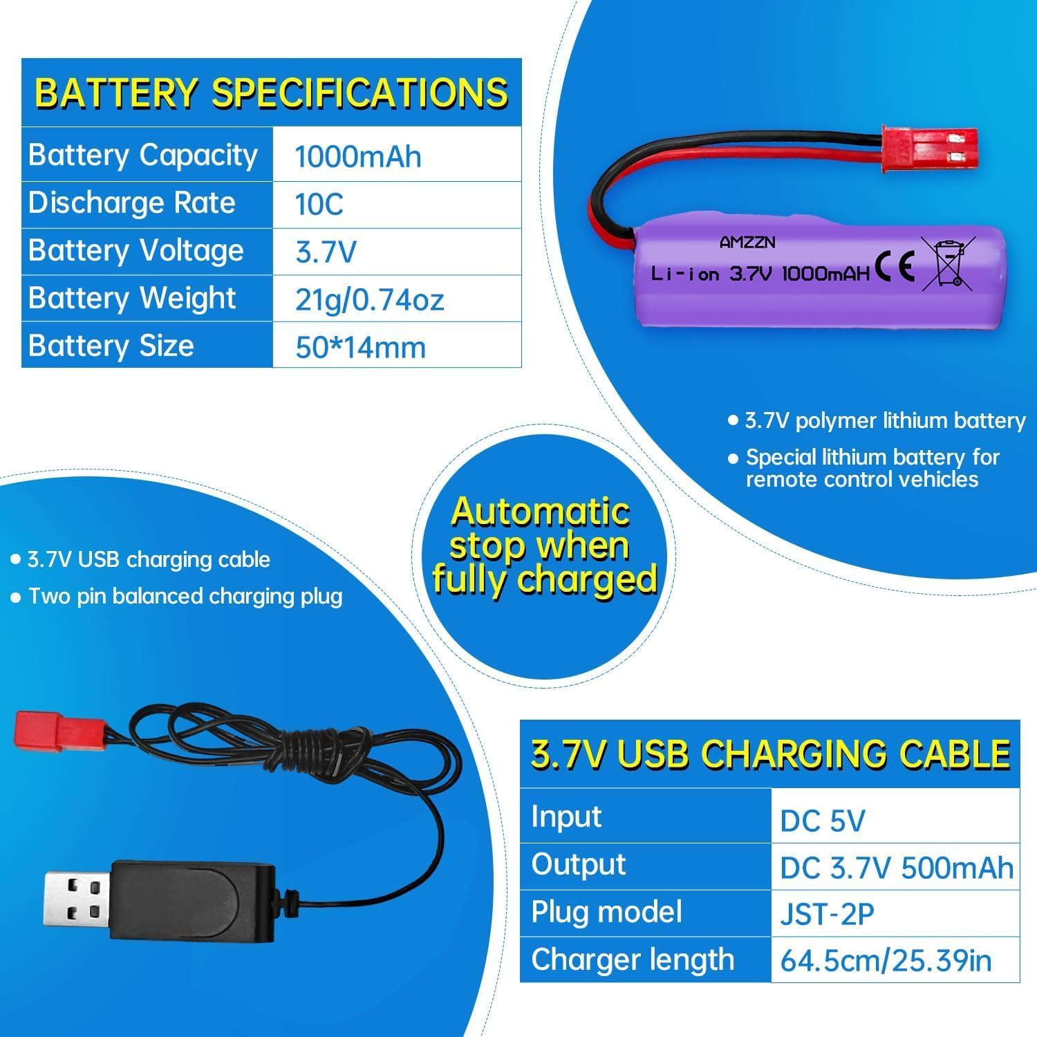 1 kus 7,4 V 1000 mAh SM-4P nabíjateľná batéria s USB nabíjacím káblom pre RC vozidlá DE36W DE65 NO.1809