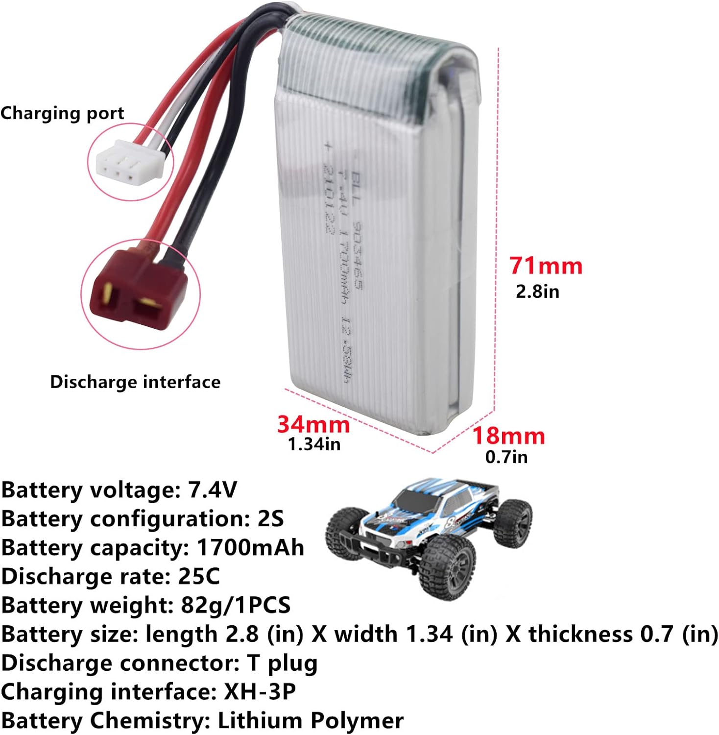 1 Piece Lithium Batteries 7.4V 1700mAh Compatible with 4WD High Speed RC Cars - Models 9200 9200E 9202E