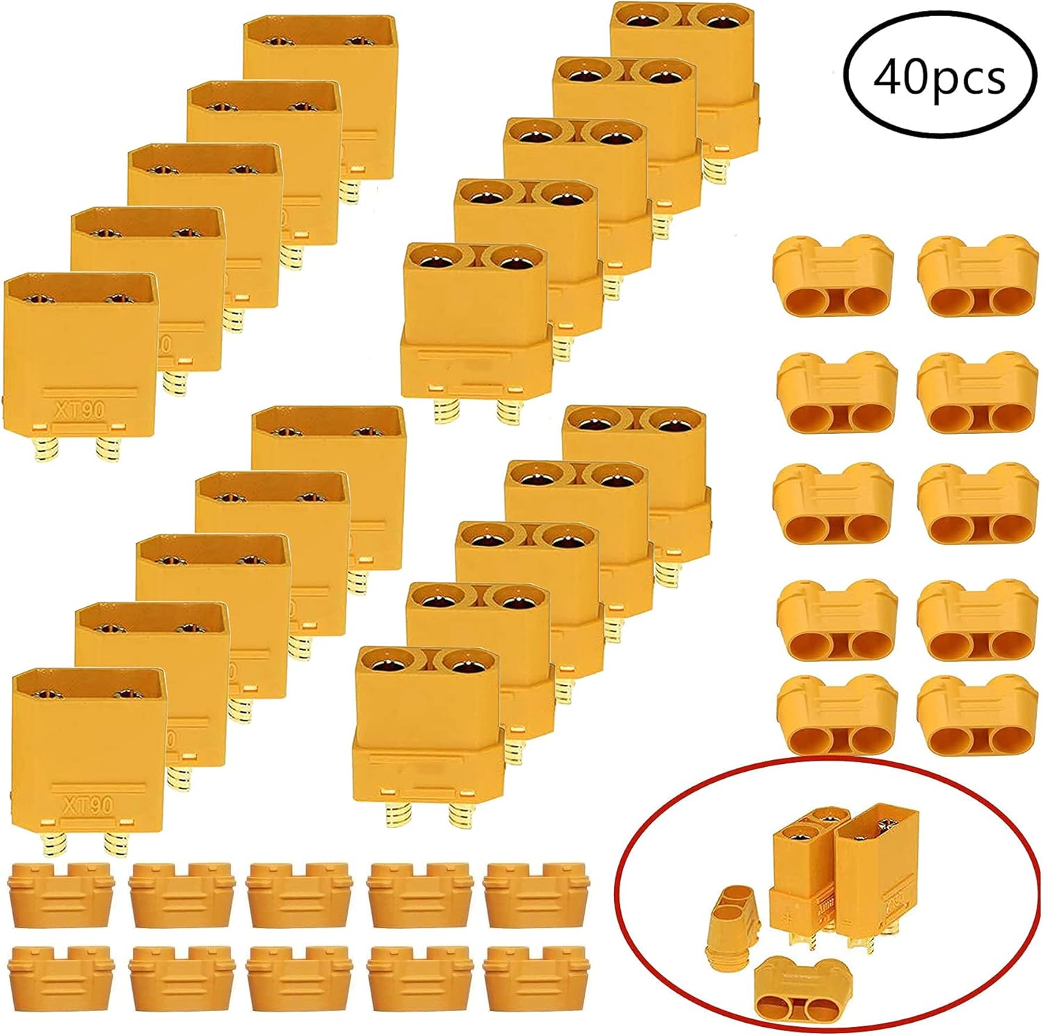 XT90H Male-Female Connectors 10 Pairs | Current Support 40A/90A Max | High Quality for RC Lipo Batteries | With Wire Feedthrough, Yellow, Plastic