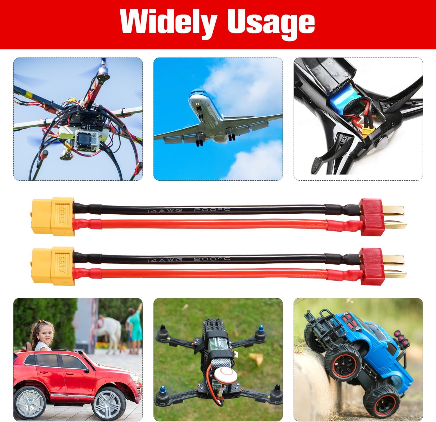 2 Adattatori T-Plug Maschio XT60 Femmina 14AWG Silicone 10cm LiPo RC ESC Caricabatterie