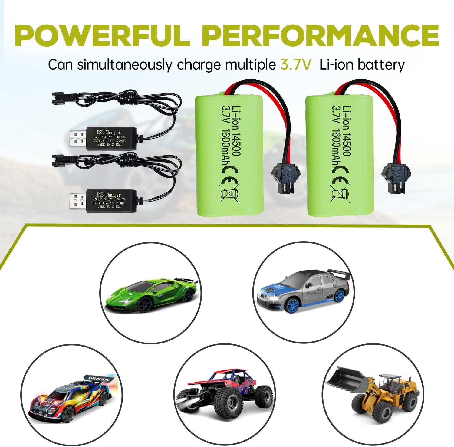 2 Pieces 3.7V 1600mAh Li-ion Rechargeable Batteries with SM-2P Connector + USB Cables - Compatible with RC Car 9962 8837 and Toy Truck