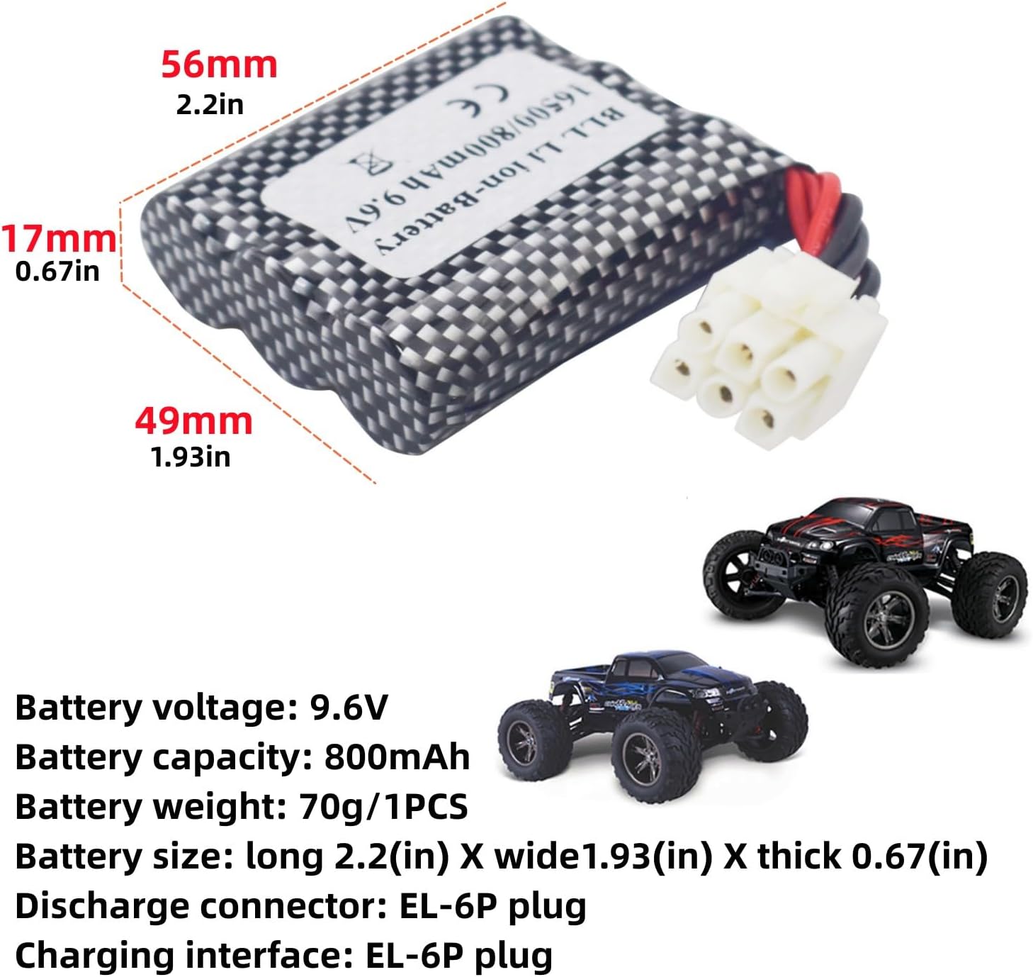 Set di 2 Batterie Ricaricabili Ioni di Litio 9.6V 800mAh 20C | Connettore EL-6P | Caricabatterie USB