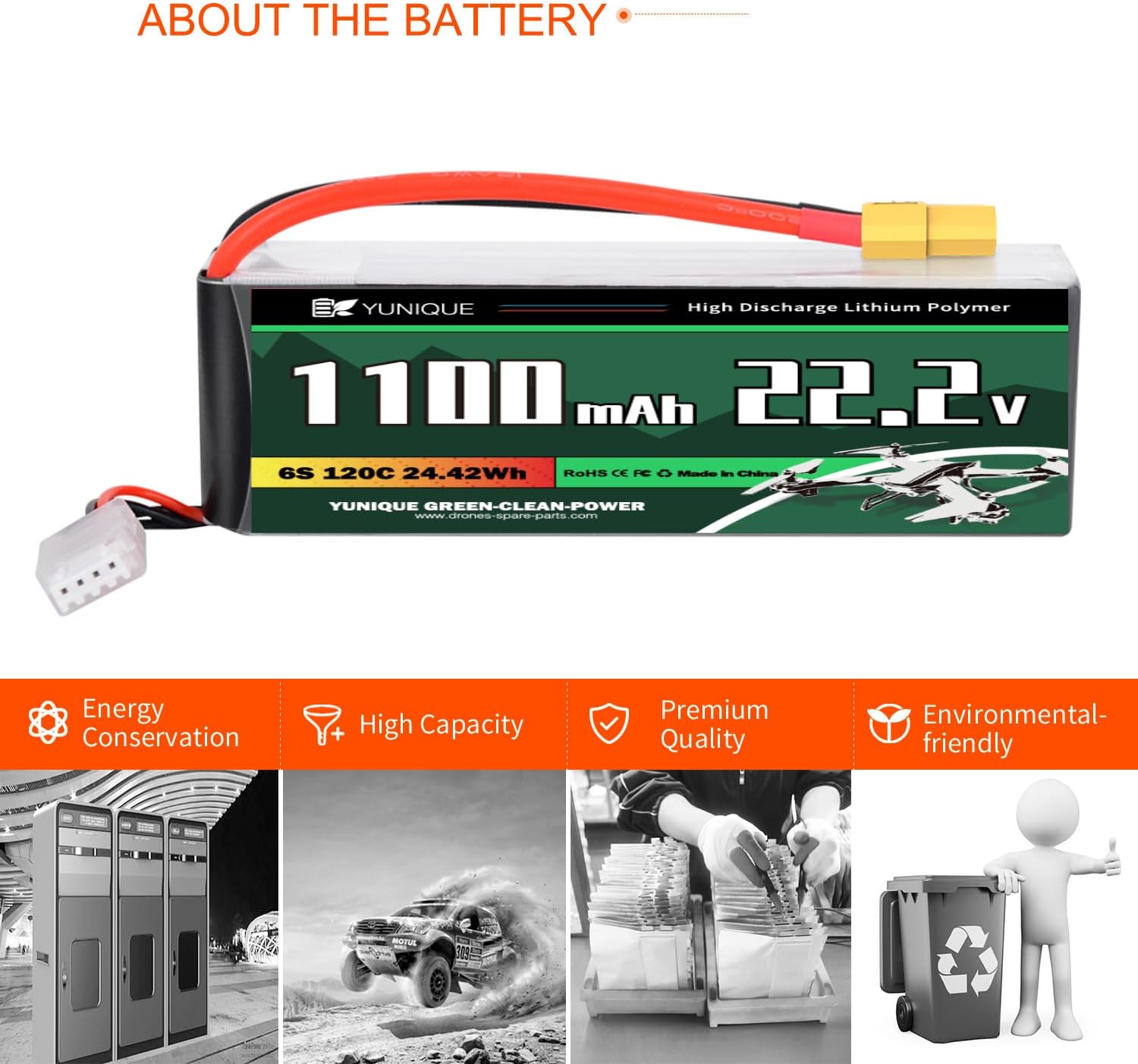 Lipo Battery 6 Cells 22.2V 1100mAh 120C with XT60 Connector, Silicone Cable and Soft Shell - Size 72x38x35 mm, Weight 265g - High Power for RC Models