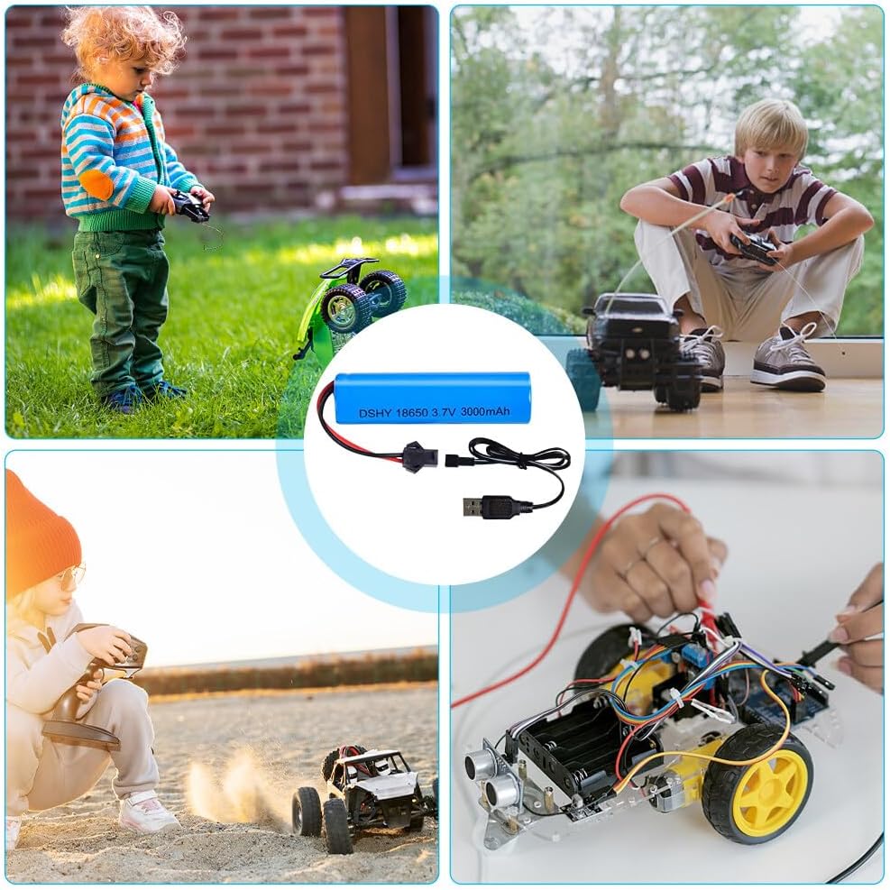 Set of 4 Li-ion 3.7V 3000mAh Batteries with USB Chargers for RC Cars, Compatibility with DE45 DE42 1:14 Off-Road and Drift Racing Models