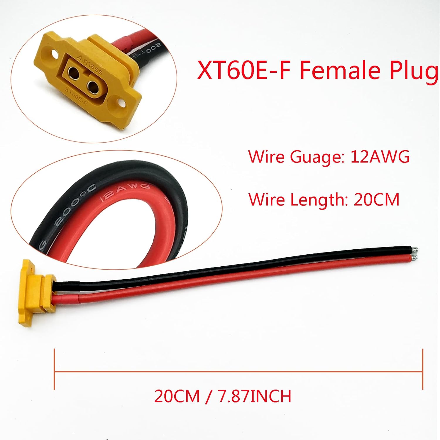 2 Pezzi Connettori XT60E-F da Pannello con Cavo 20 cm 12AWG in Silicone – Connettore XT60 di Montaggio per Batterie Lipo RC, Droni FPV, Auto, Aerei ed Elicotteri