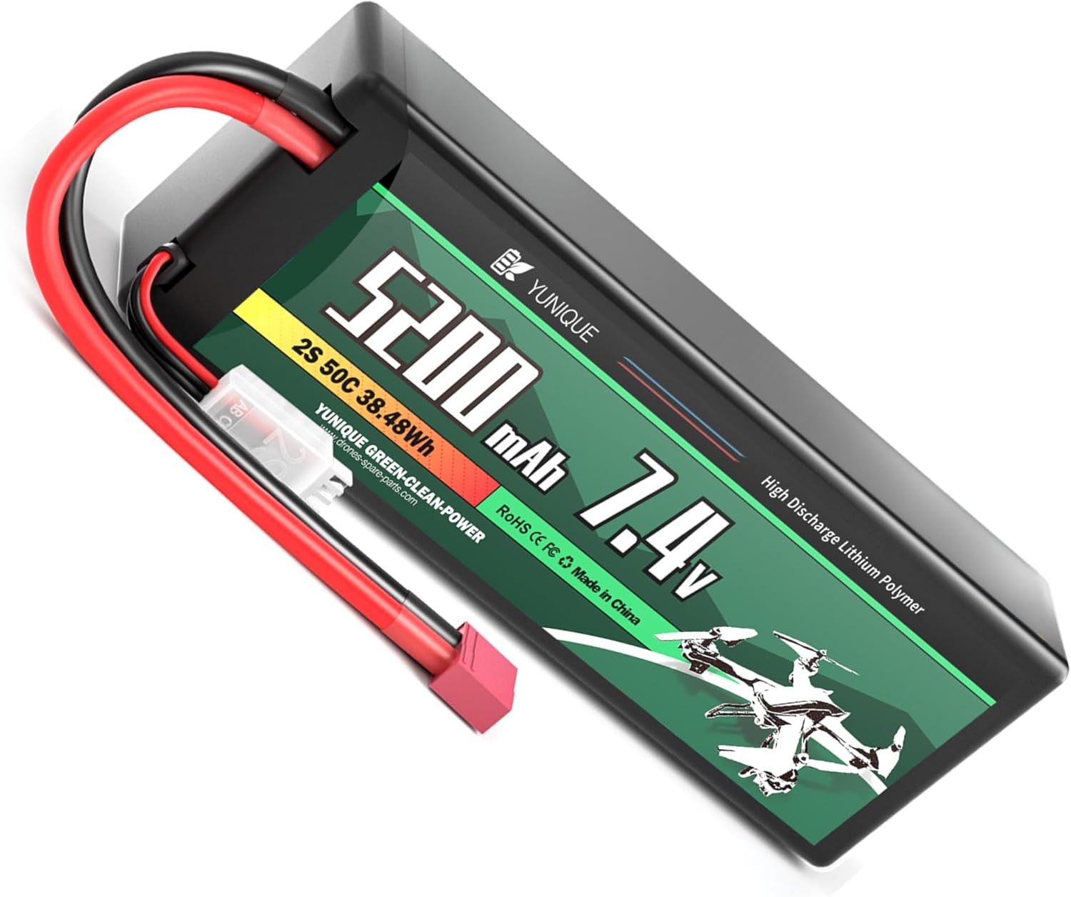 2-Cell 7.4V 5200mAh 50C Lipo Battery with T-Plug Connector, Silicone Cable and Hard Shell - Dimensions 138x47x25 mm, Weight 246g - High Power for RC Models