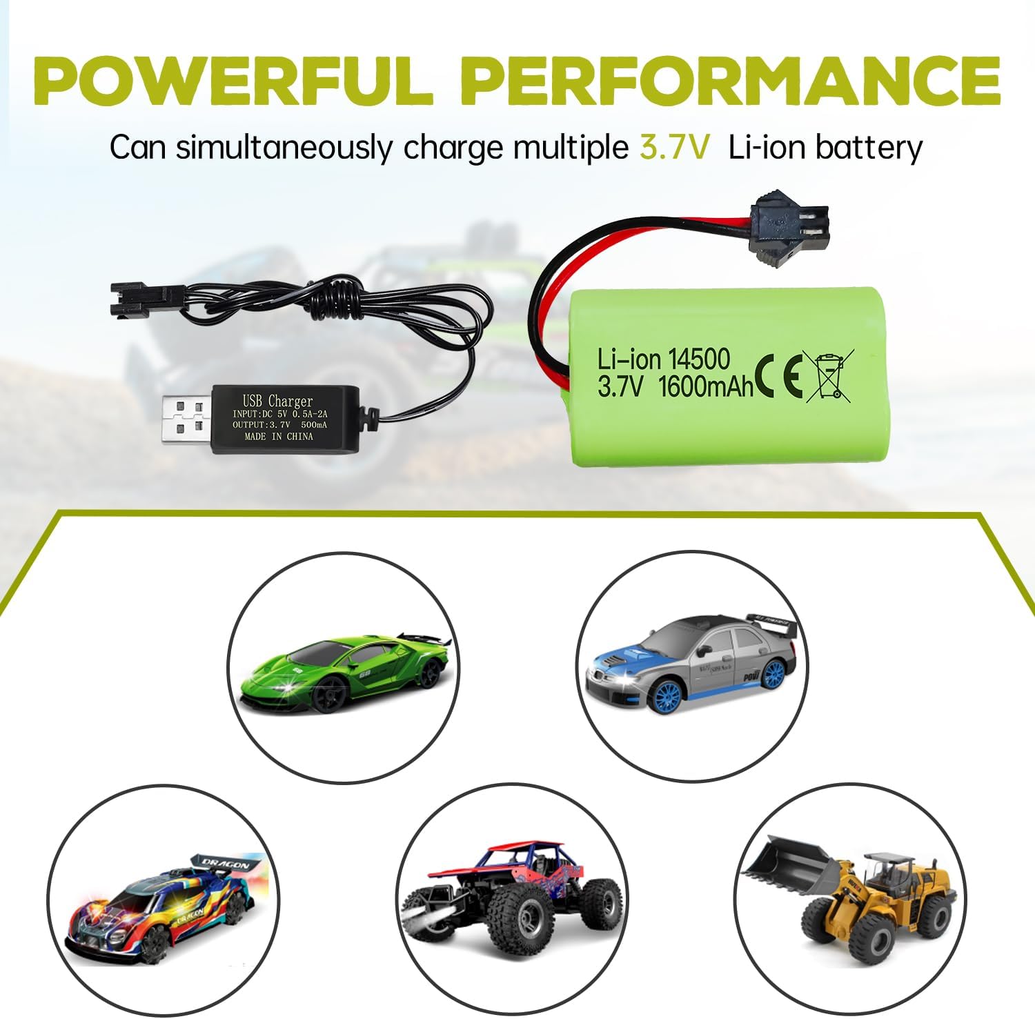 Rechargeable Li-ion 3.7V 1600mAh Battery with SM-2P Connector + USB Cable - Compatible with RC Cars 9962 8837 and Toy Engineering Trucks