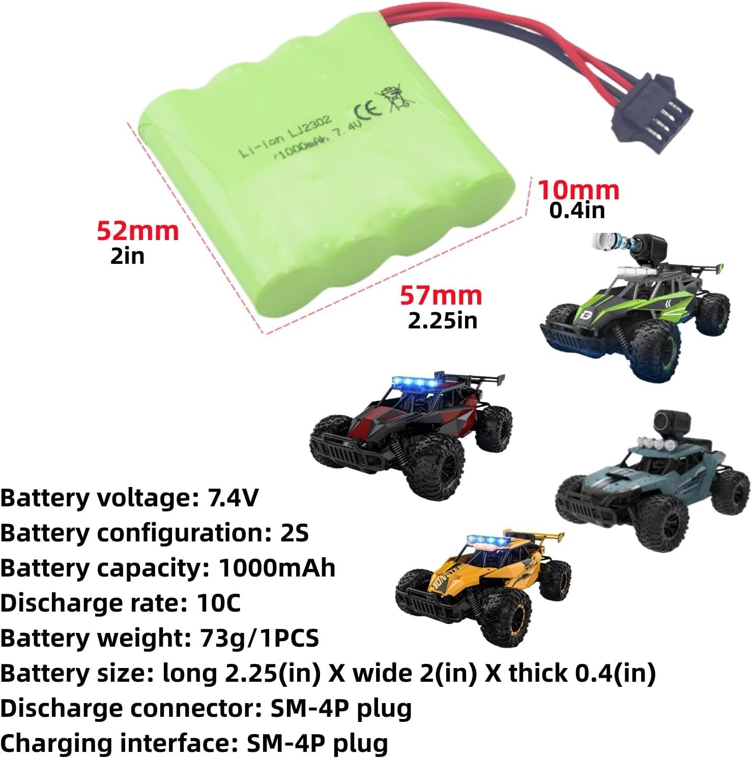 Batteria Ricaricabile 7.4V 1000mAh SM-4P per RC DE36W DE65 | Ricarica USB Facile | Alta Durata, Design Compatto, Green