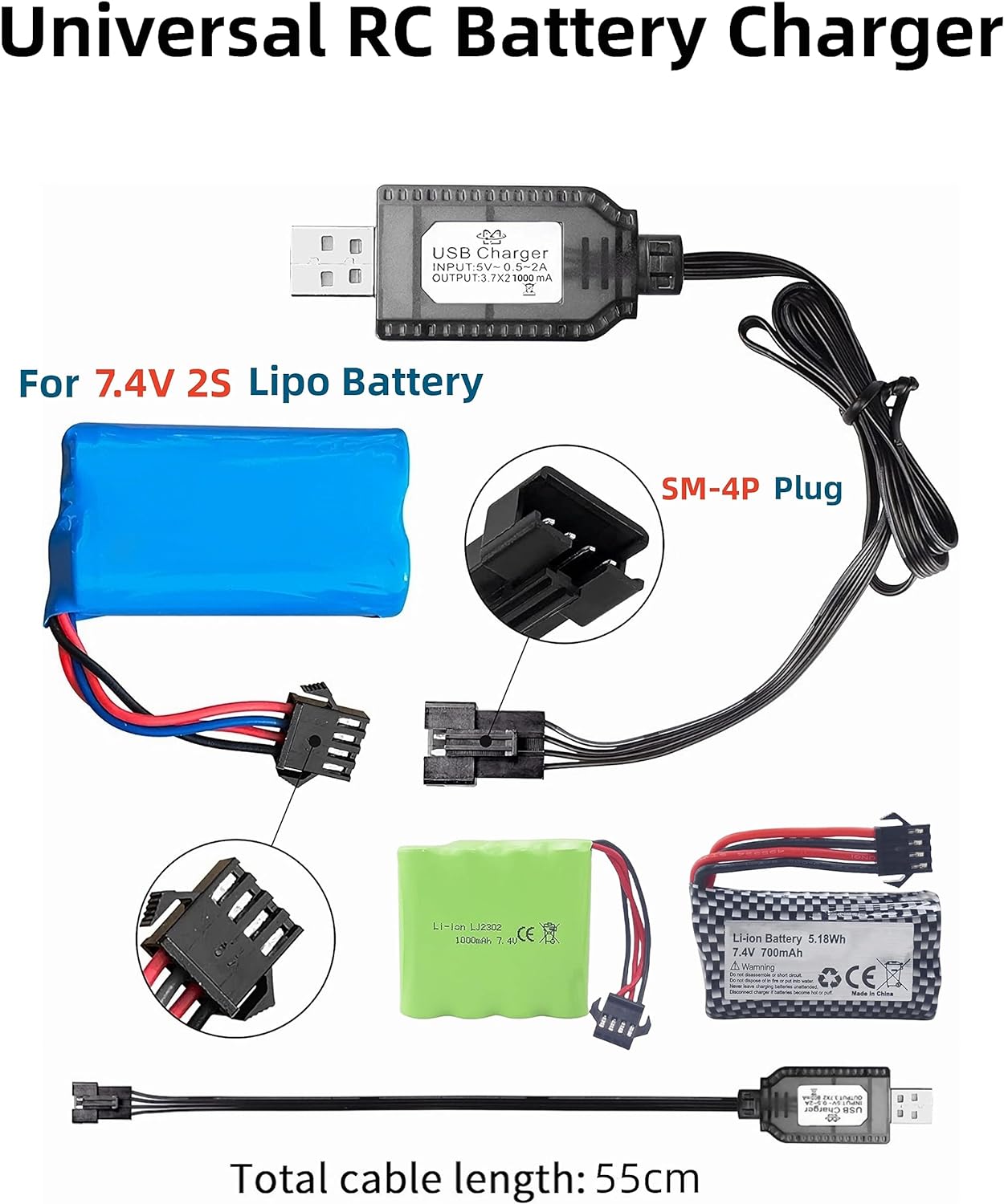 Caricabatterie USB Universale per Batterie LiPo 7.4V 2S | 4PIN SM-4P | Compatibile RC Auto, Droni, Barche