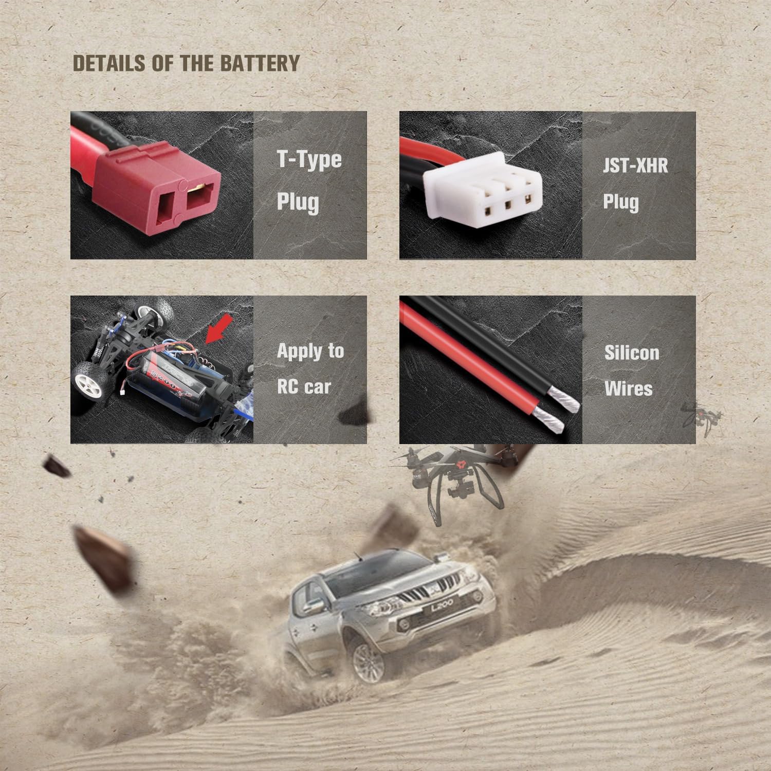 Lipo Battery 2 Cells 7.4V 2200mAh 35C with T-PLUG Connector, Silicone Cable and Soft Shell - Dimensions 73X34X19 mm, Weight 110g - High Power for RC Models