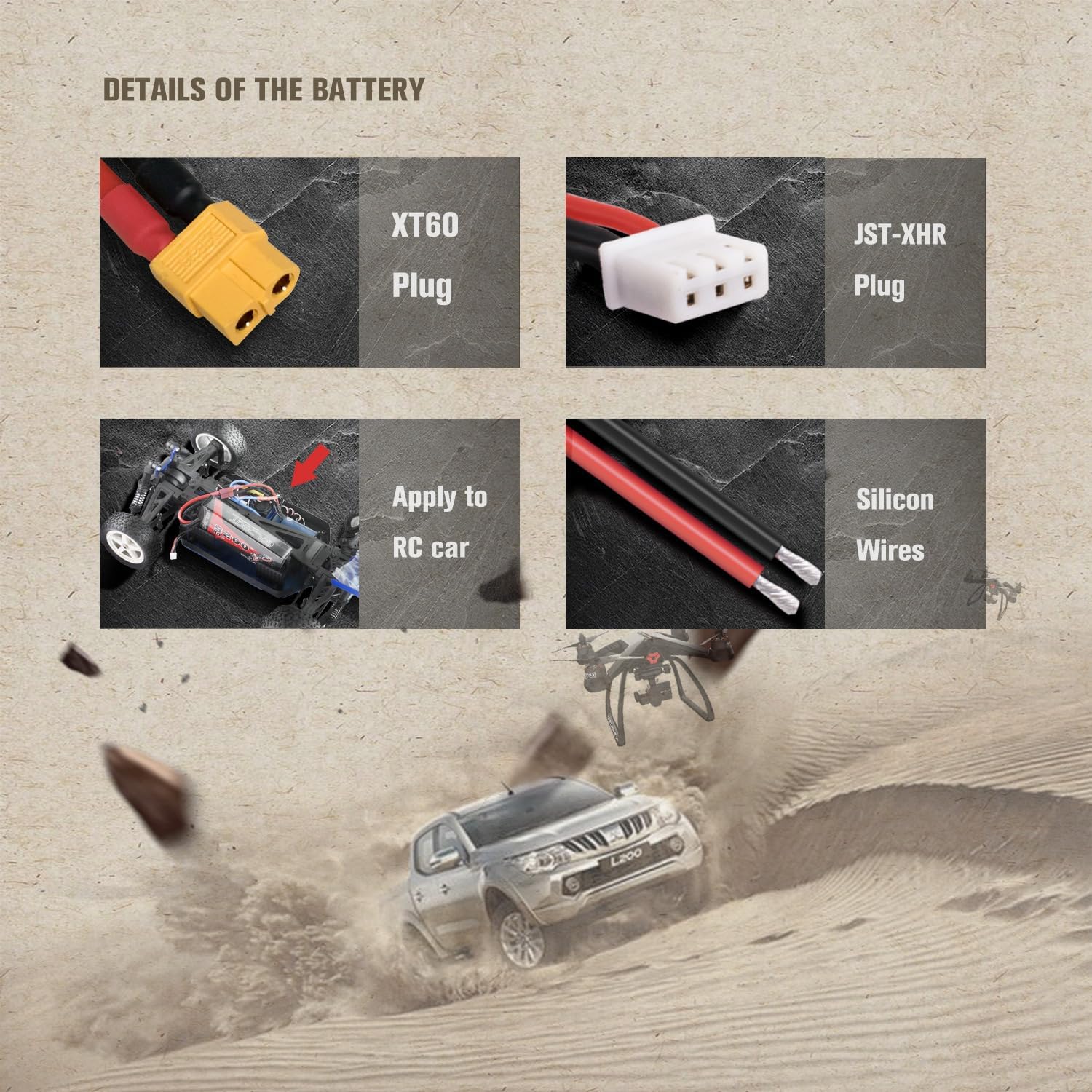 3-Cell 11.1V 2200mAh 35C Lipo Battery with XT60 Connector, Silicone Cable and Soft Shell - Dimensions 75X33X25 mm, Weight 140g - High Power for RC Models