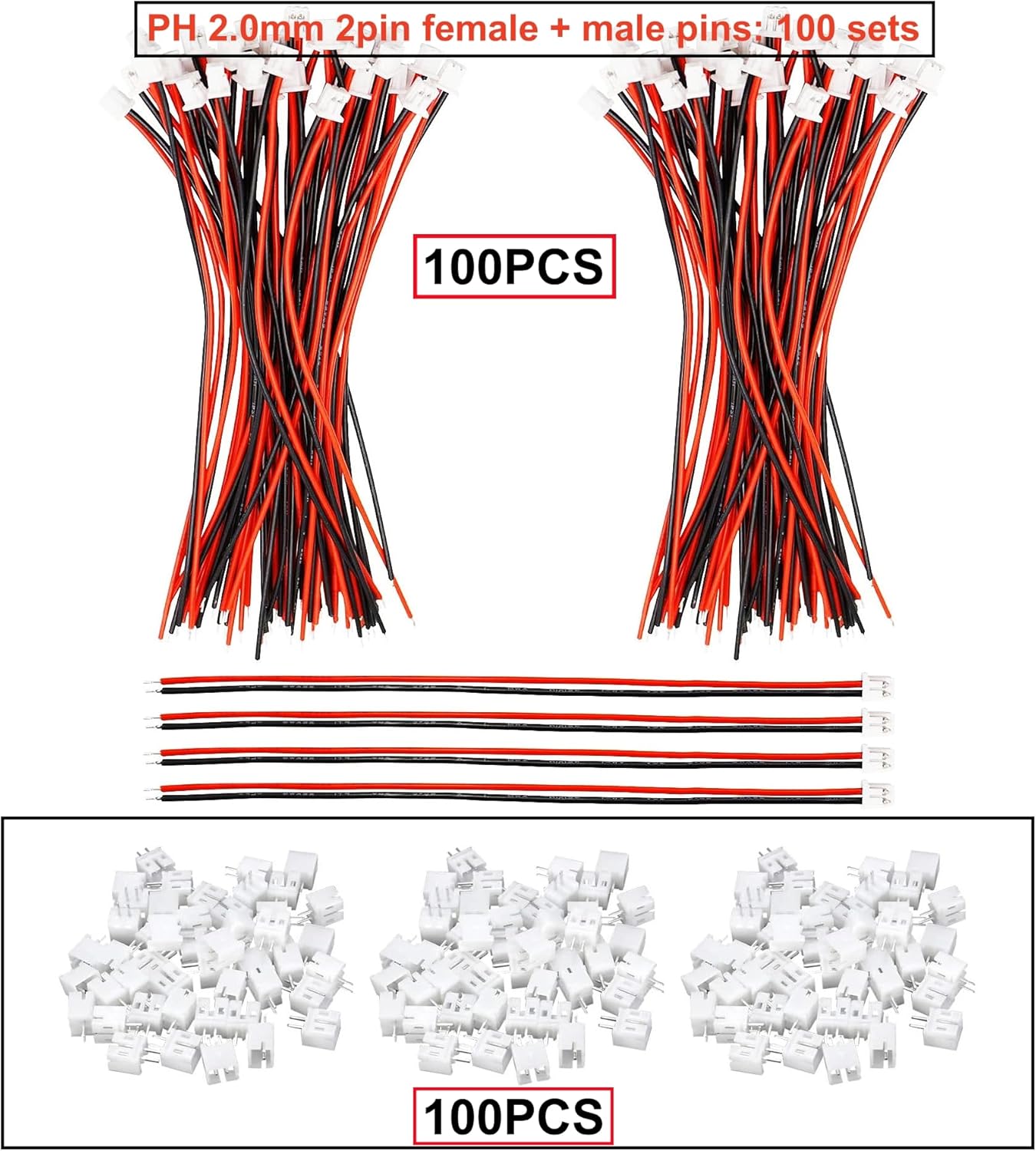 100 Paia Connettori JST PH 2.0 2 Pin 10cm 24AWG Maschio Femmina Drone LED RC DIY