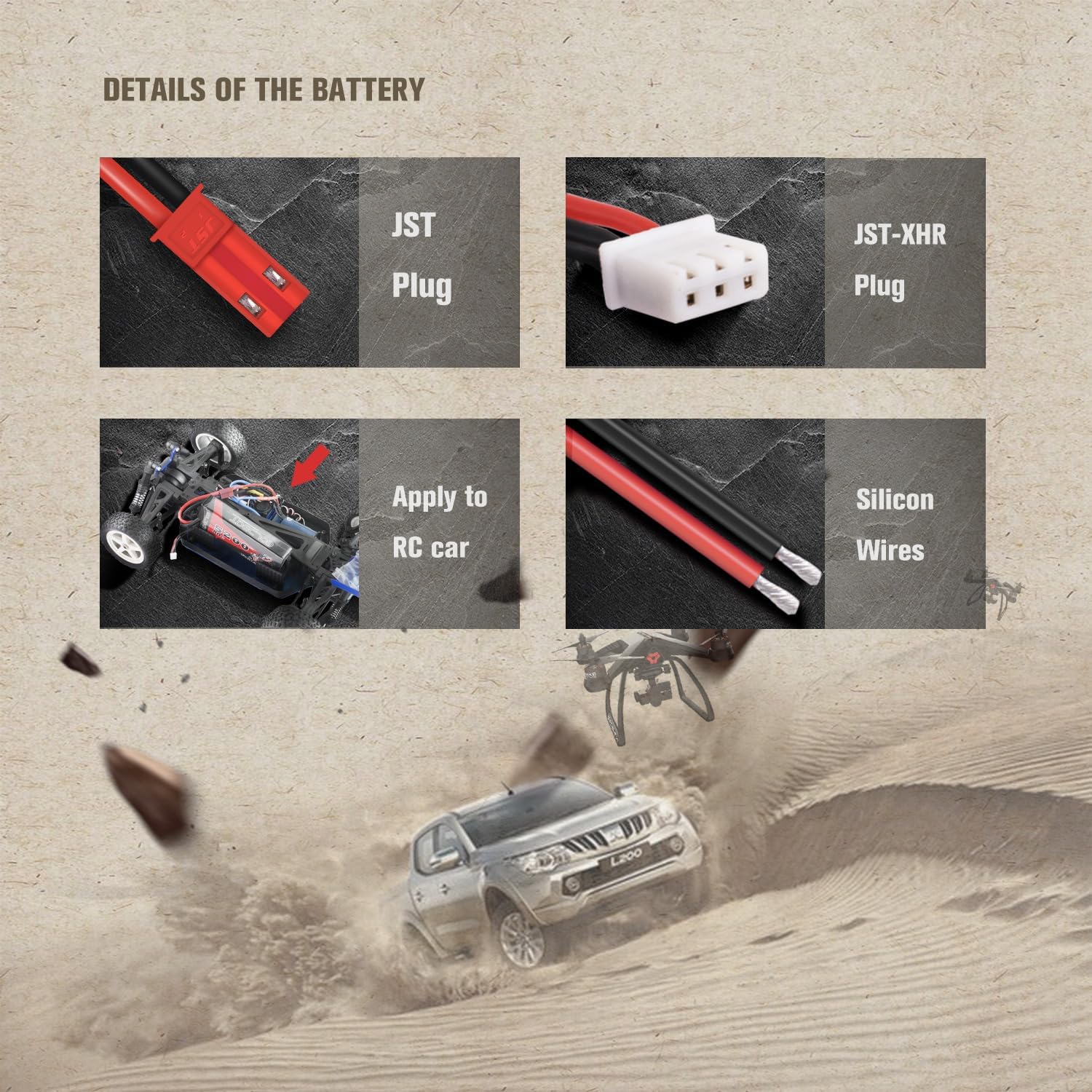 Batteria Lipo 2 Celle 7.4V 450mAh 50C con Connettore JST, Cavo in Silicone e Guscio Morbido - Dimensioni 55x30x9 mm, Peso 32g - Alta Potenza per Modelli RC