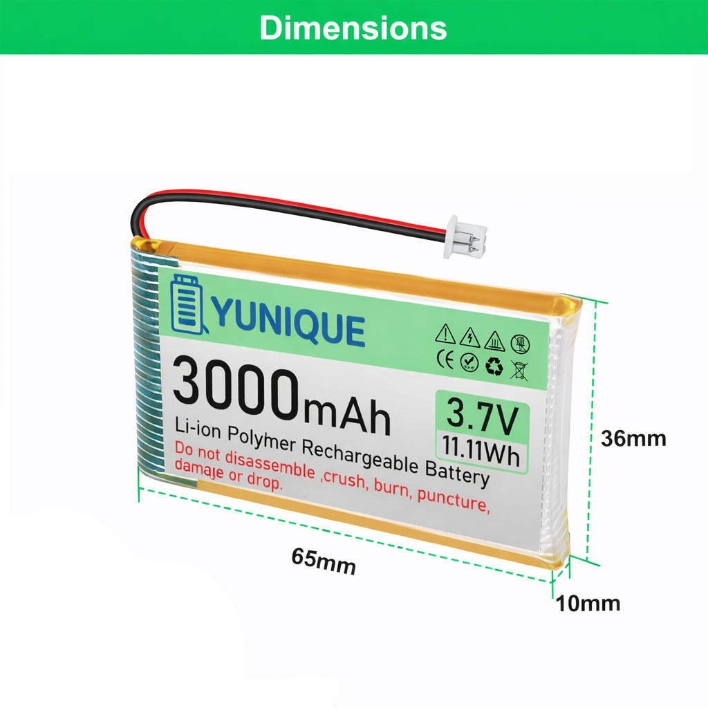 Batteria LiPo 3.7V 3000mAh 103665 Micro JST 1.25 con Caricatore USB