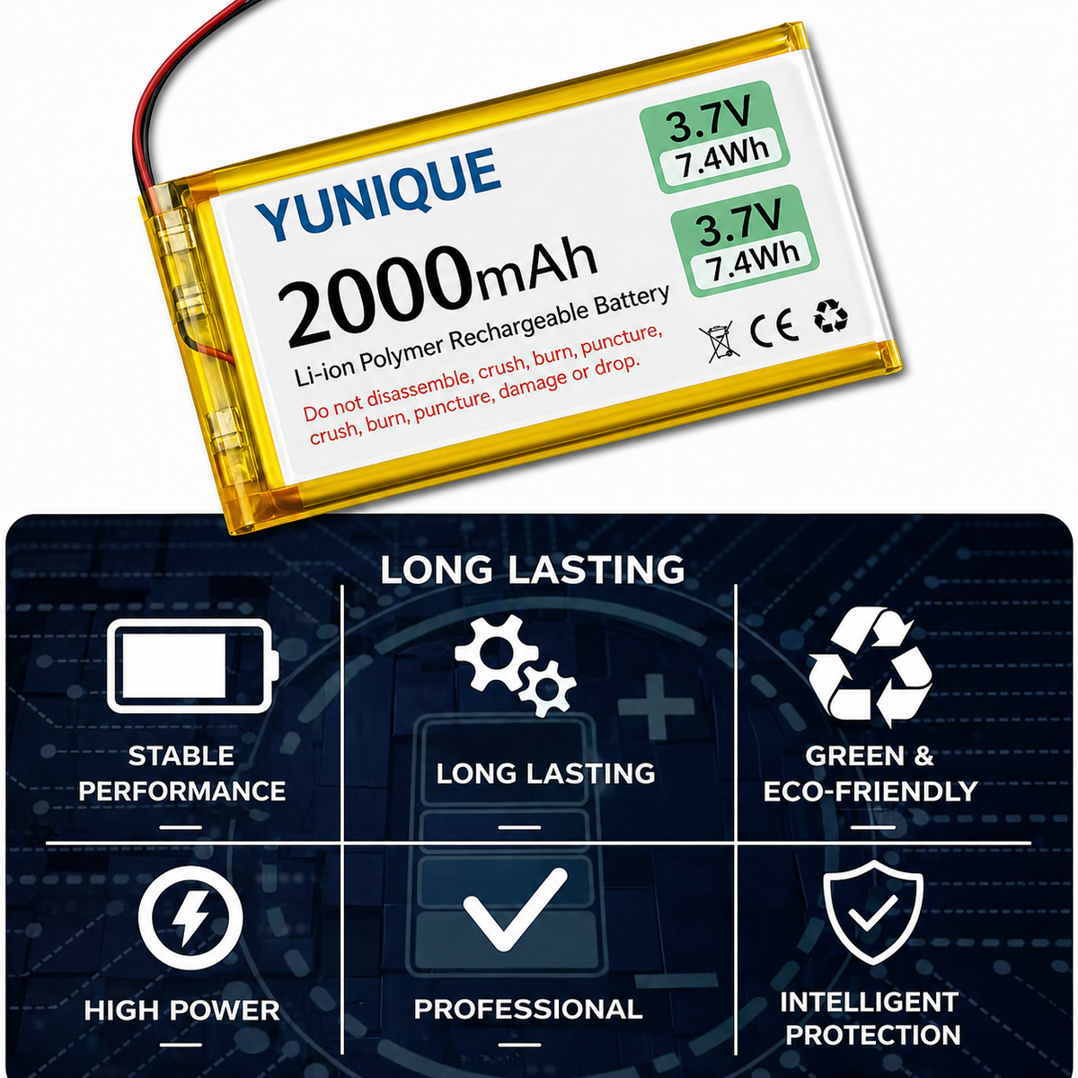 Batteria LiPo 3.7V 2000mAh 103450 con Micro JST 2.0 + Caricatore USB – Batteria 1S Ricaricabile per Arduino, ESP32, Drone, Moduli e Progetti Elettronici