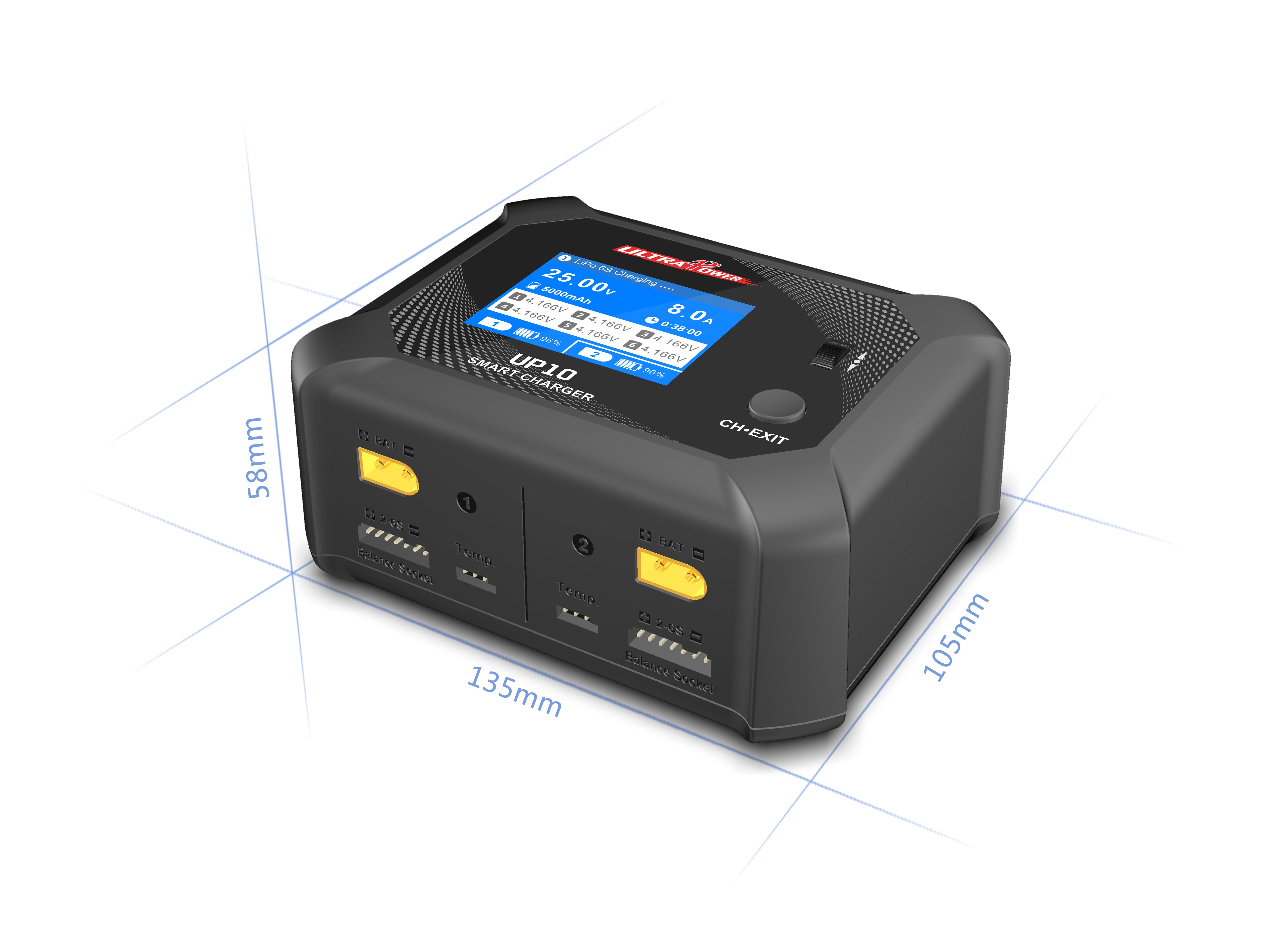 UP10 Caricabatterie AC/DC 2X100W 10A - Caricabatterie Doppio Canale con Bilanciamento Intelligente per Batterie LiPo LiFe LiHV NiMH NiCd