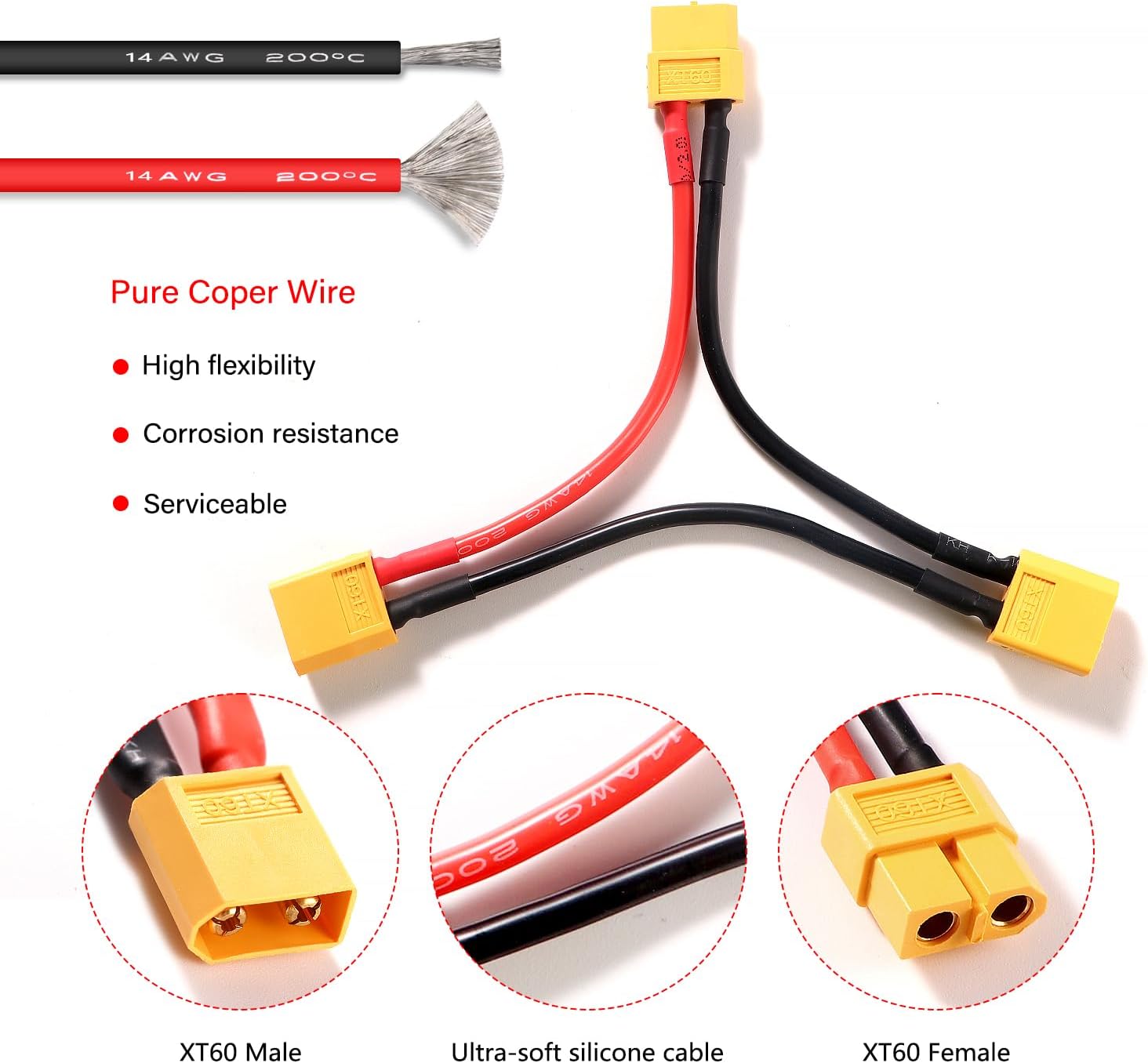 2 Pezzi Cavo Adattatore XT60 Serie 2 Lipo, Aumento Tensione, Connettore M/F, Specifico per Modellismo Dinamico, Silicone, Plastica | Giallo, Rosso, Nero