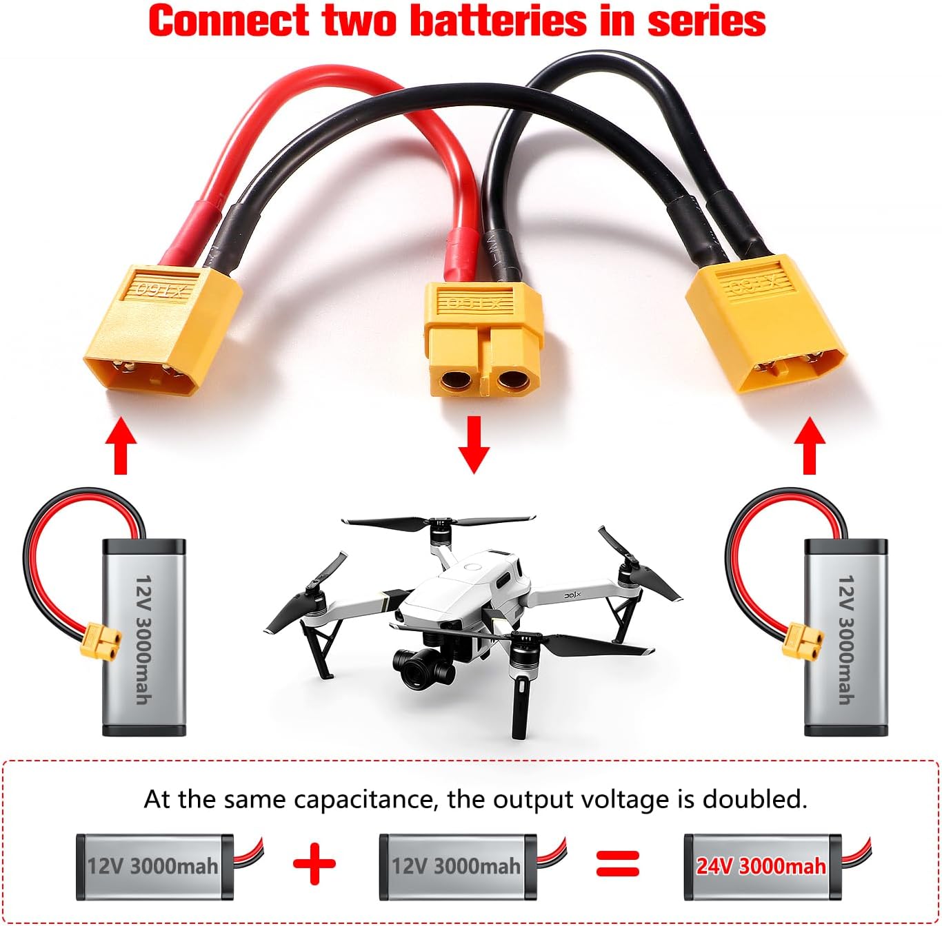 2 Pezzi Cavo Adattatore XT60 Serie 2 Lipo, Aumento Tensione, Connettore M/F, Specifico per Modellismo Dinamico, Silicone, Plastica | Giallo, Rosso, Nero