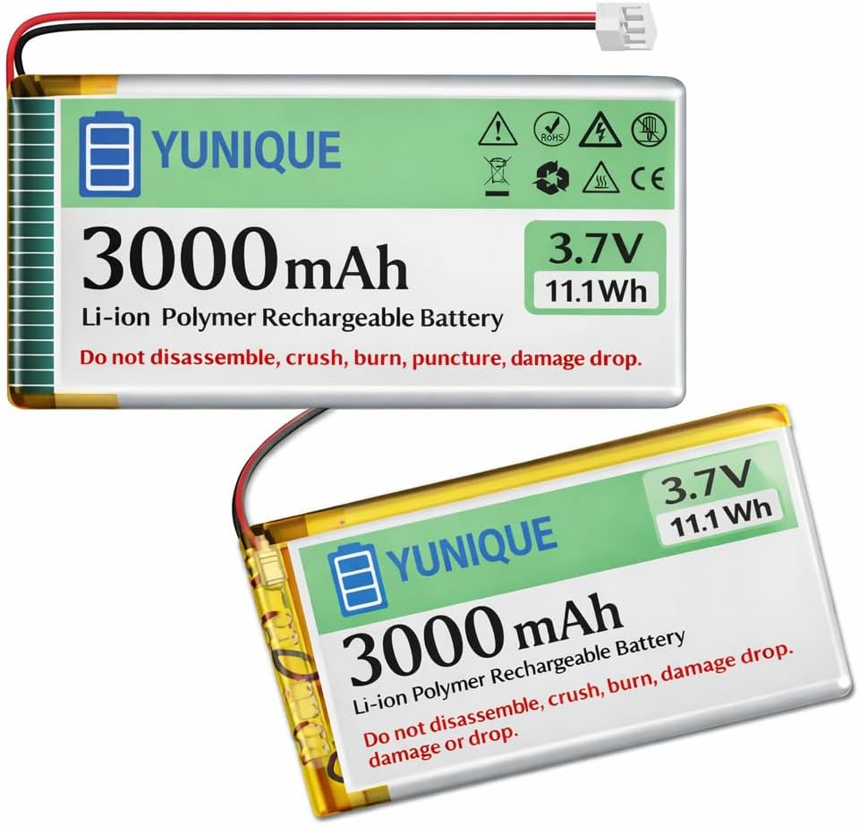 2 Batterie LiPo 3.7V 3000mAh 1S 103665 Micro JST 1.25 per Arduino