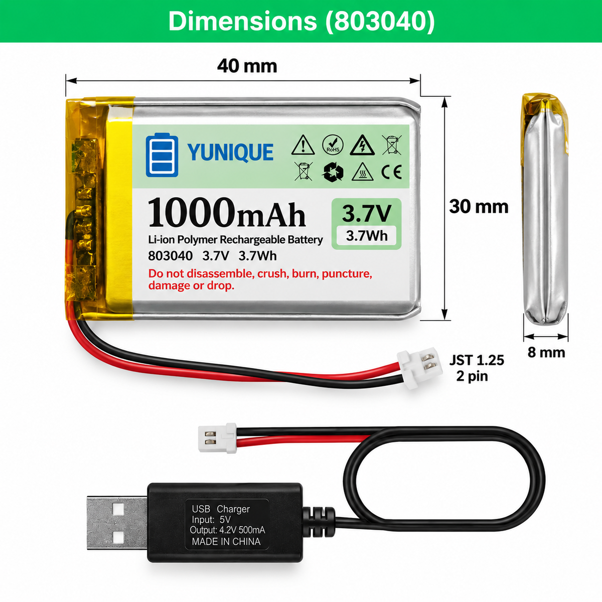 Batteria LiPo 3.7V 1000mAh 803040 con Micro JST 1.25 + Caricatore USB – Batteria Ricaricabile 1S per Arduino, ESP32, Drone, Moduli e Progetti Elettronici