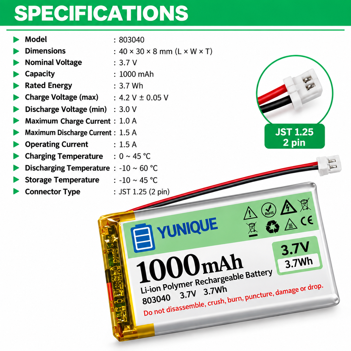 2 Batterie LiPo 3.7V 1000mAh 1S 803040 con Micro JST 1.25 – Batterie Ricaricabili con Protezione per Arduino, ESP32, NodeMCU e Schede di Sviluppo