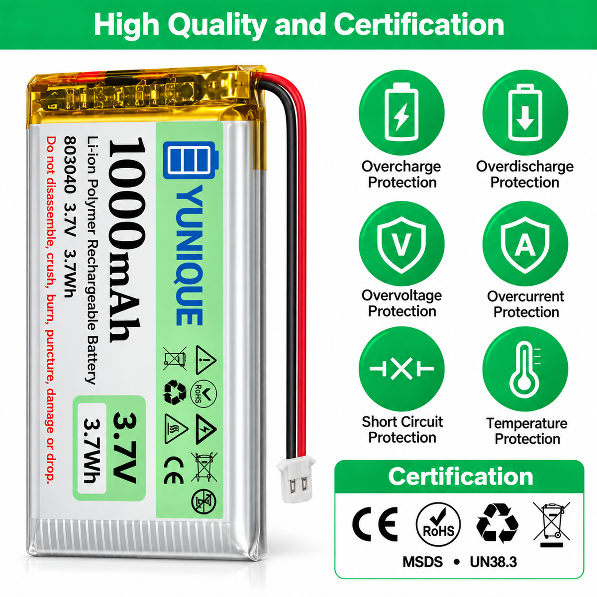 2 Batterie LiPo 3.7V 1000mAh 1S 803040 con Micro JST 1.25 – Batterie Ricaricabili con Protezione per Arduino, ESP32, NodeMCU e Schede di Sviluppo
