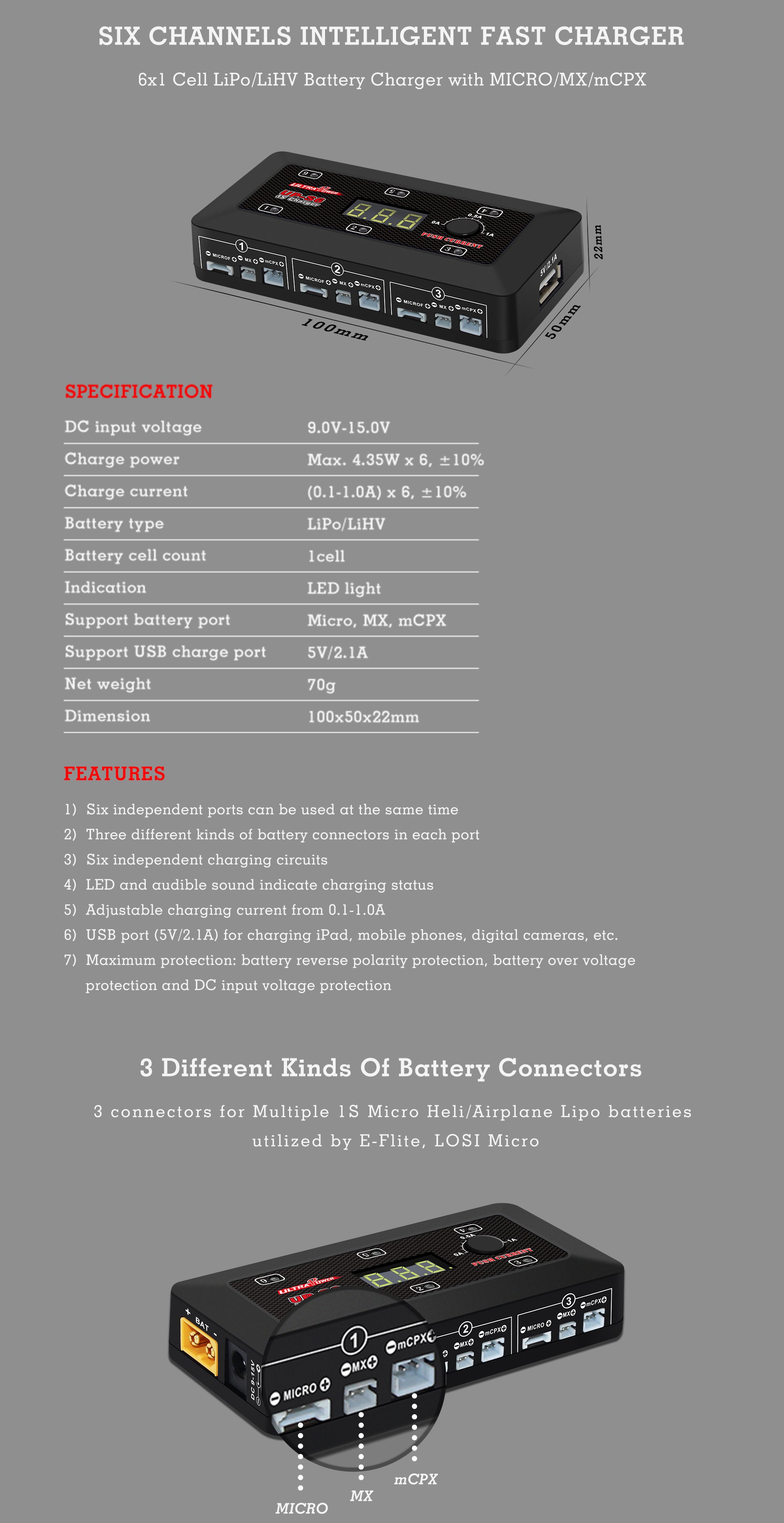 UP-S6 Charger for 6X1S LiPo/LiHV - DC Multi-Cable Charger for Drones and Modeling