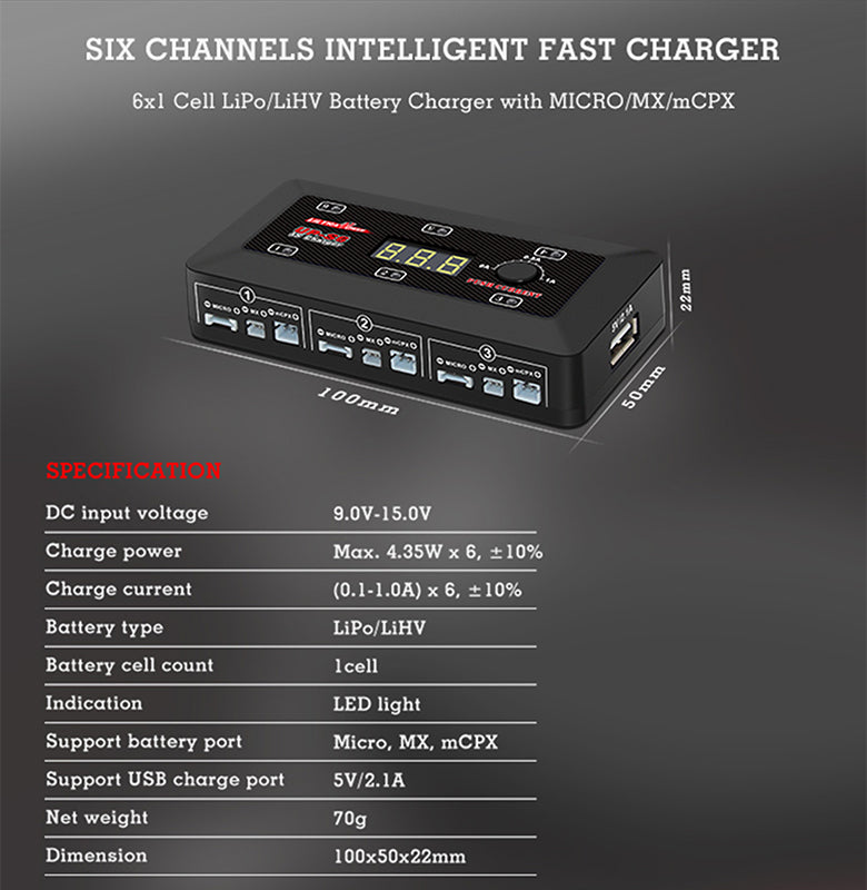 UP-S6 Charger for 6X1S LiPo/LiHV - DC Multi-Cable Charger for Drones and Modeling