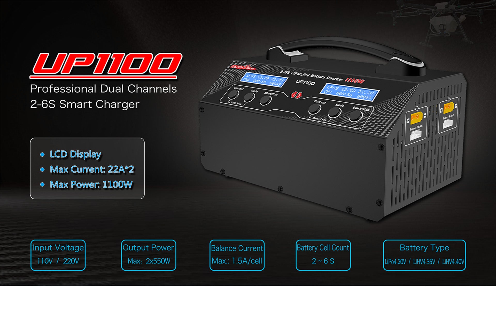 Polnilec UP1100 za UAV/drone: dvojni 2x550W 22A za baterije 2-6S - zmogljivo in hitro polnjenje