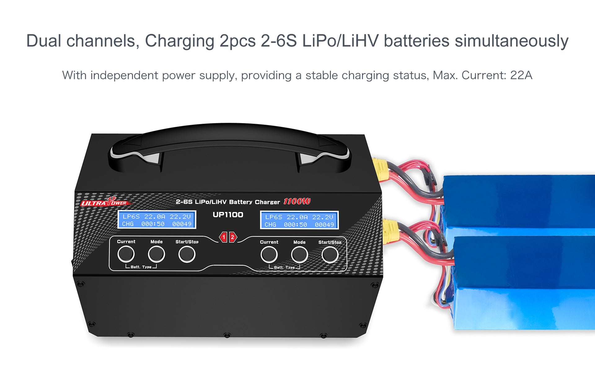 Polnilec UP1100 za UAV/drone: dvojni 2x550W 22A za baterije 2-6S - zmogljivo in hitro polnjenje