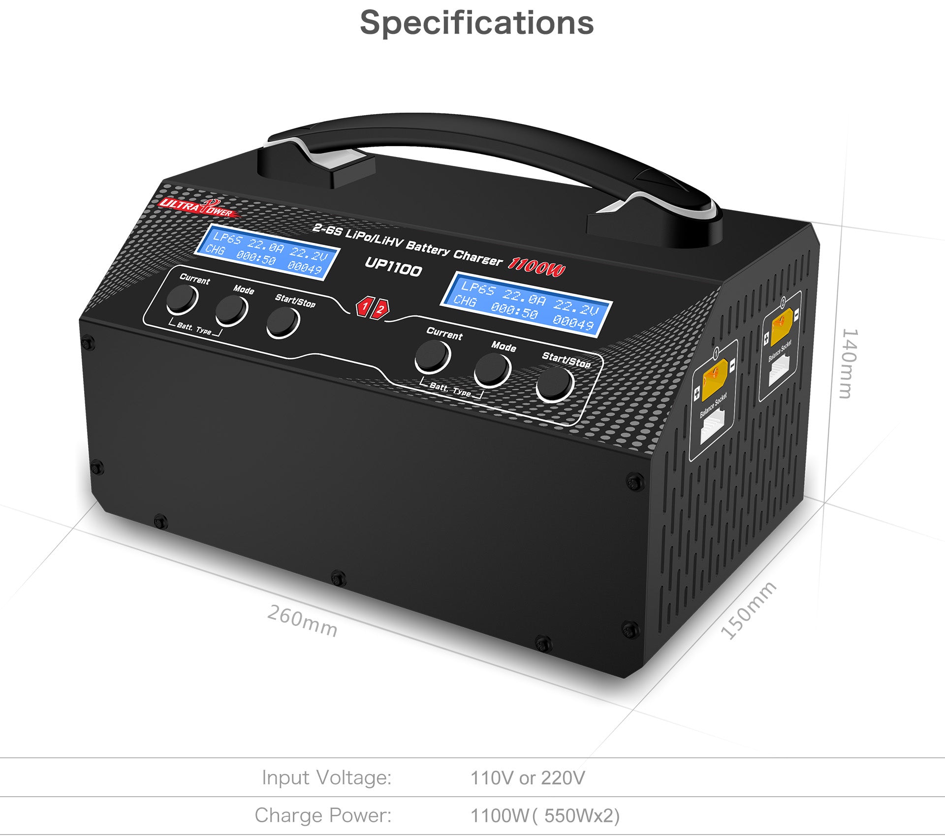 Polnilec UP1100 za UAV/drone: dvojni 2x550W 22A za baterije 2-6S - zmogljivo in hitro polnjenje