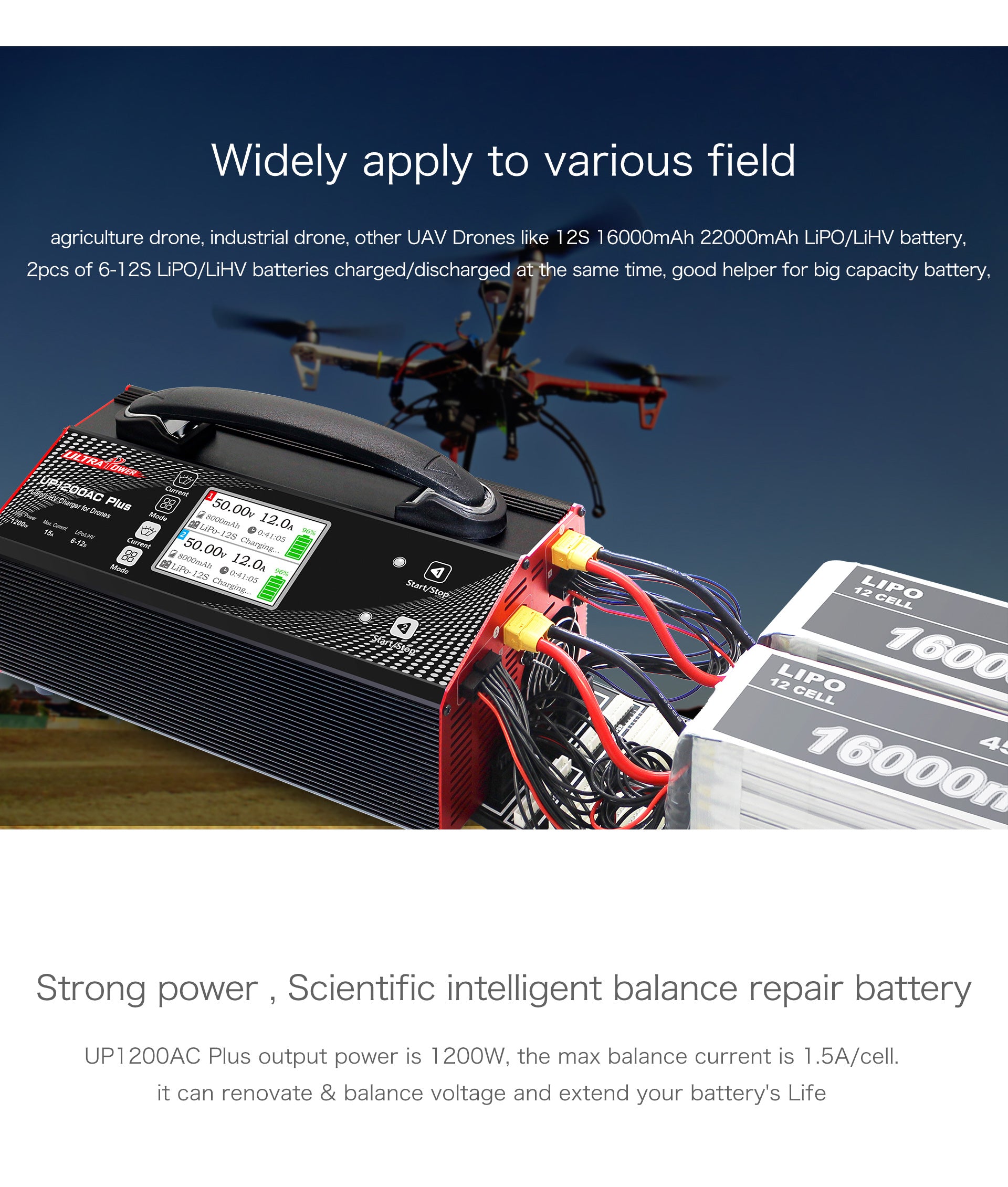 UP1200AC PLUS Doppio Caricabatterie 2X600W 15A per Batterie 6-12S UAV Drone - Ricarica Efficiente e Sicura per Professionisti e Hobbisti