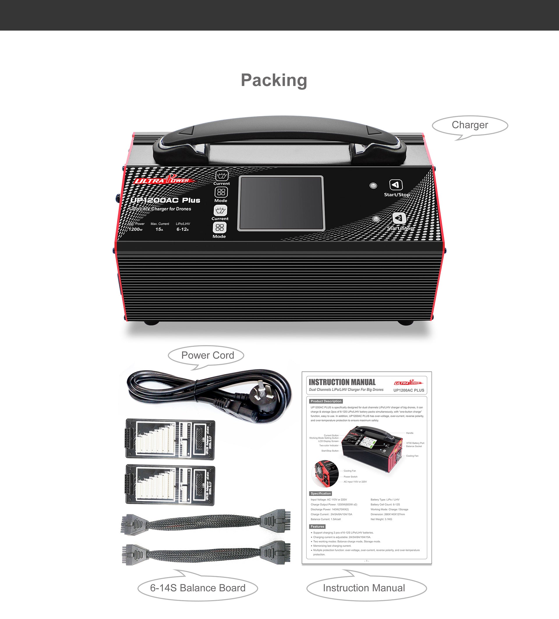 UP1200AC PLUS Doppio Caricabatterie 2X600W 15A per Batterie 6-12S UAV Drone - Ricarica Efficiente e Sicura per Professionisti e Hobbisti