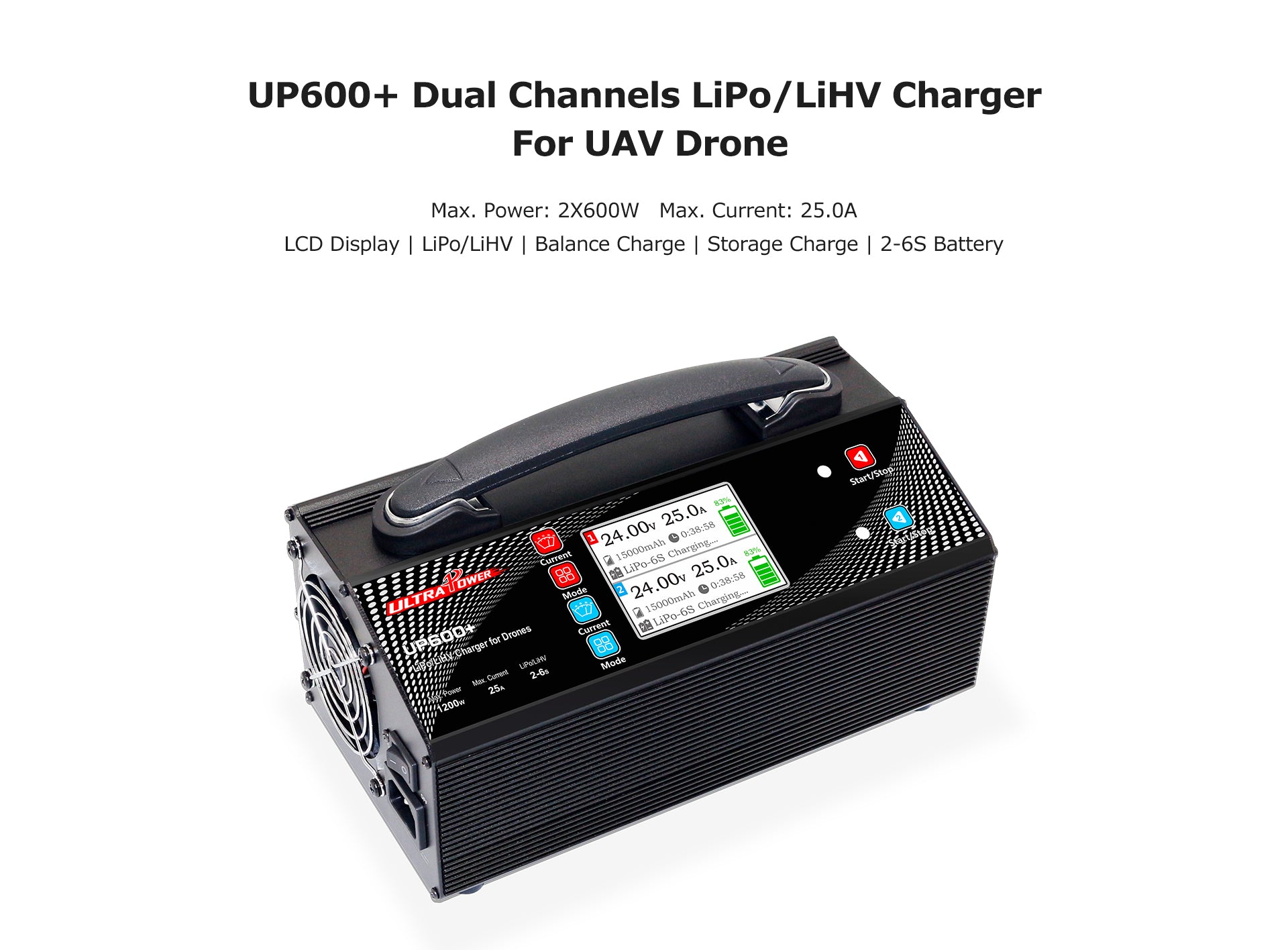 Caricabatterie UP600+ Doppio 2X600W 25A per Batterie 2-6S UAV Drone - Ricarica Veloce e Sicura con Bilanciamento Intelligente