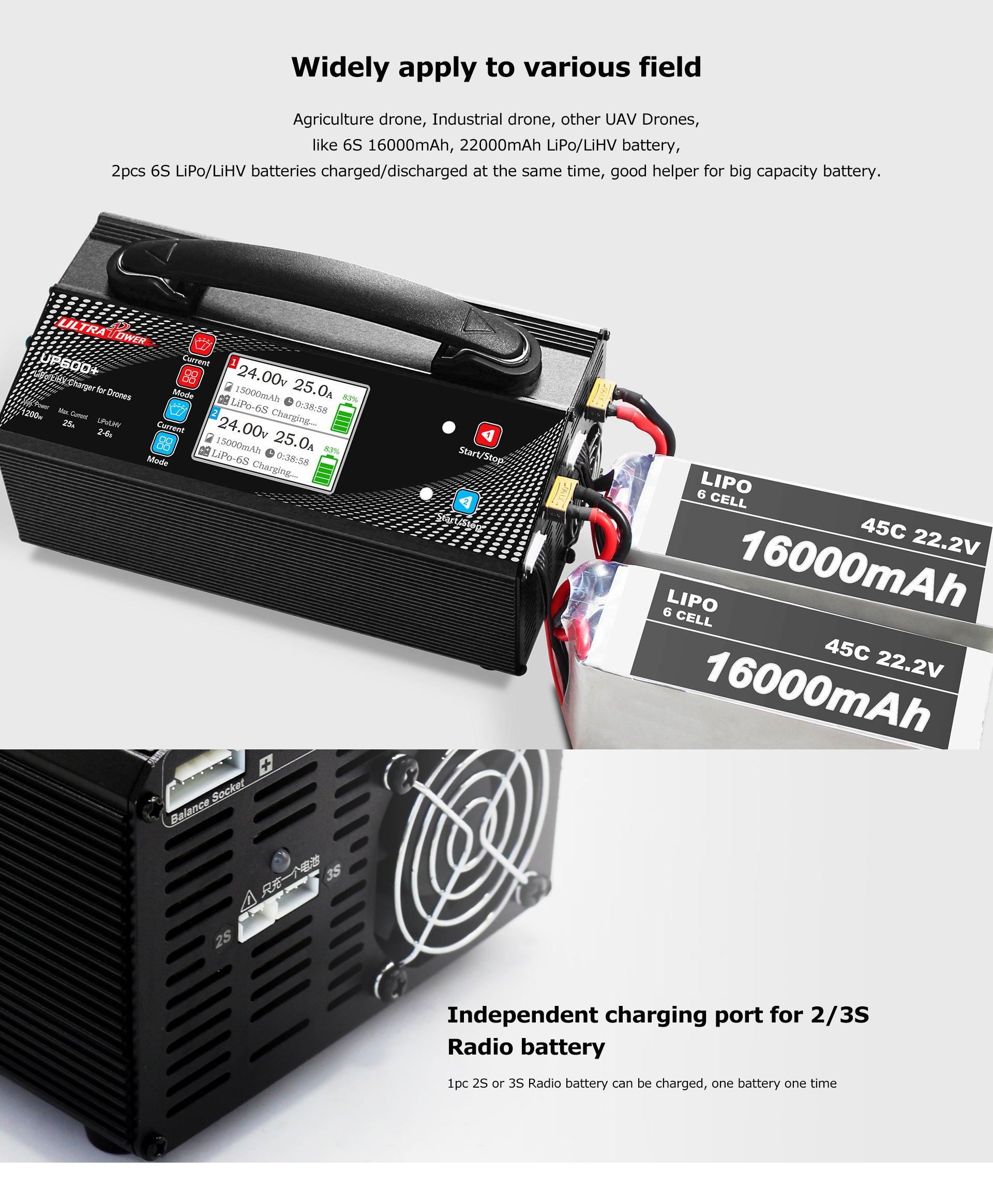 Caricabatterie UP600+ Doppio 2X600W 25A per Batterie 2-6S UAV Drone - Ricarica Veloce e Sicura con Bilanciamento Intelligente