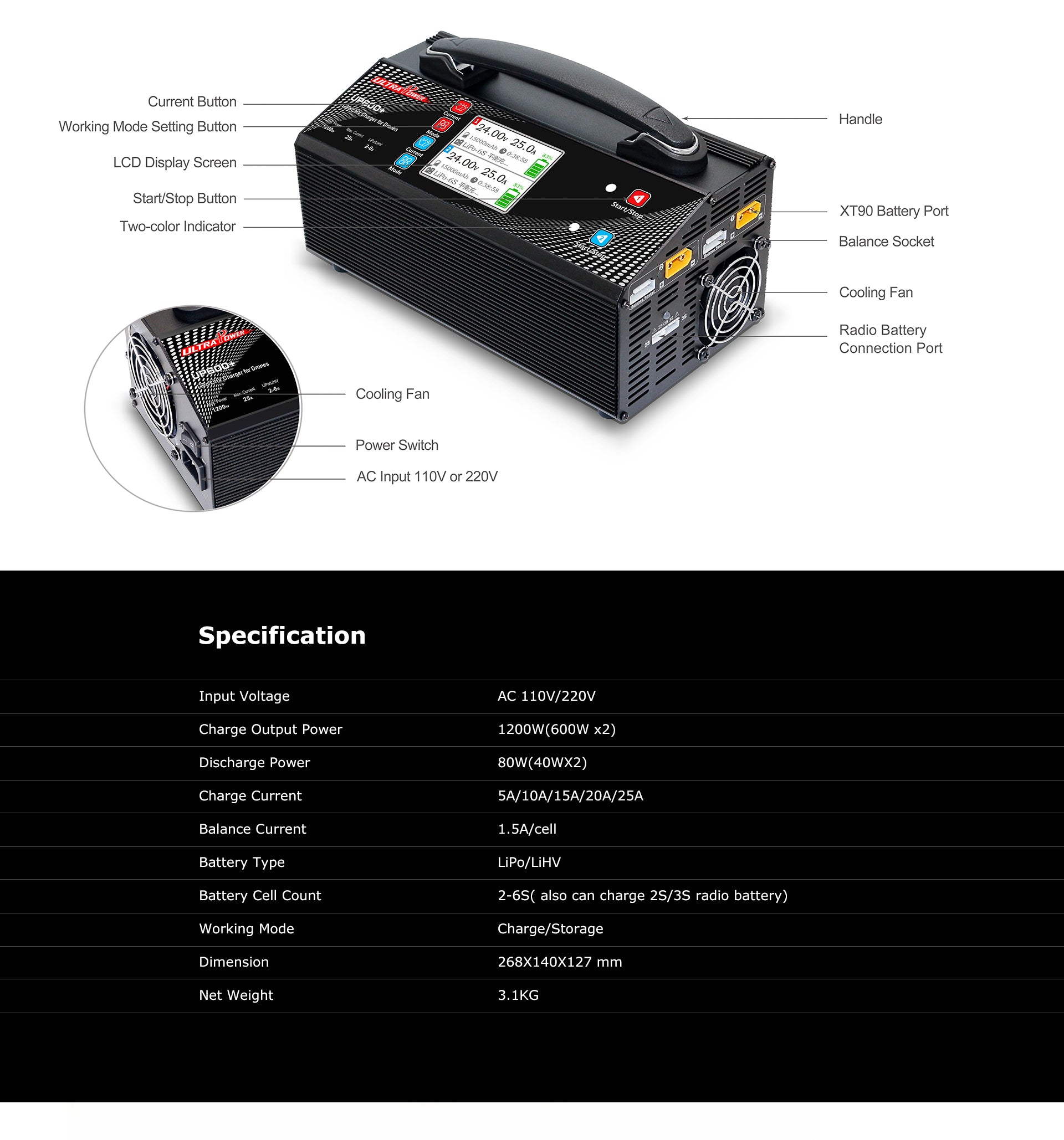 Caricabatterie UP600+ Doppio 2X600W 25A per Batterie 2-6S UAV Drone - Ricarica Veloce e Sicura con Bilanciamento Intelligente
