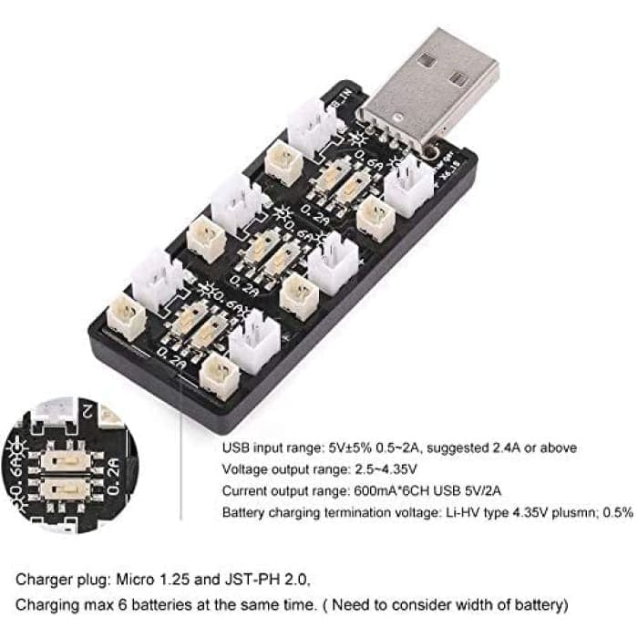 1S LiPo Batteria Caricabatterie USB 3.8V/ 4.35V 6 Canali Caricabatterie LiSV 1S Piccolo Tiny Whoop Blade Inductrix Micro JST 1.25 JST-PH 2.0 mCX mCPX Connettori.